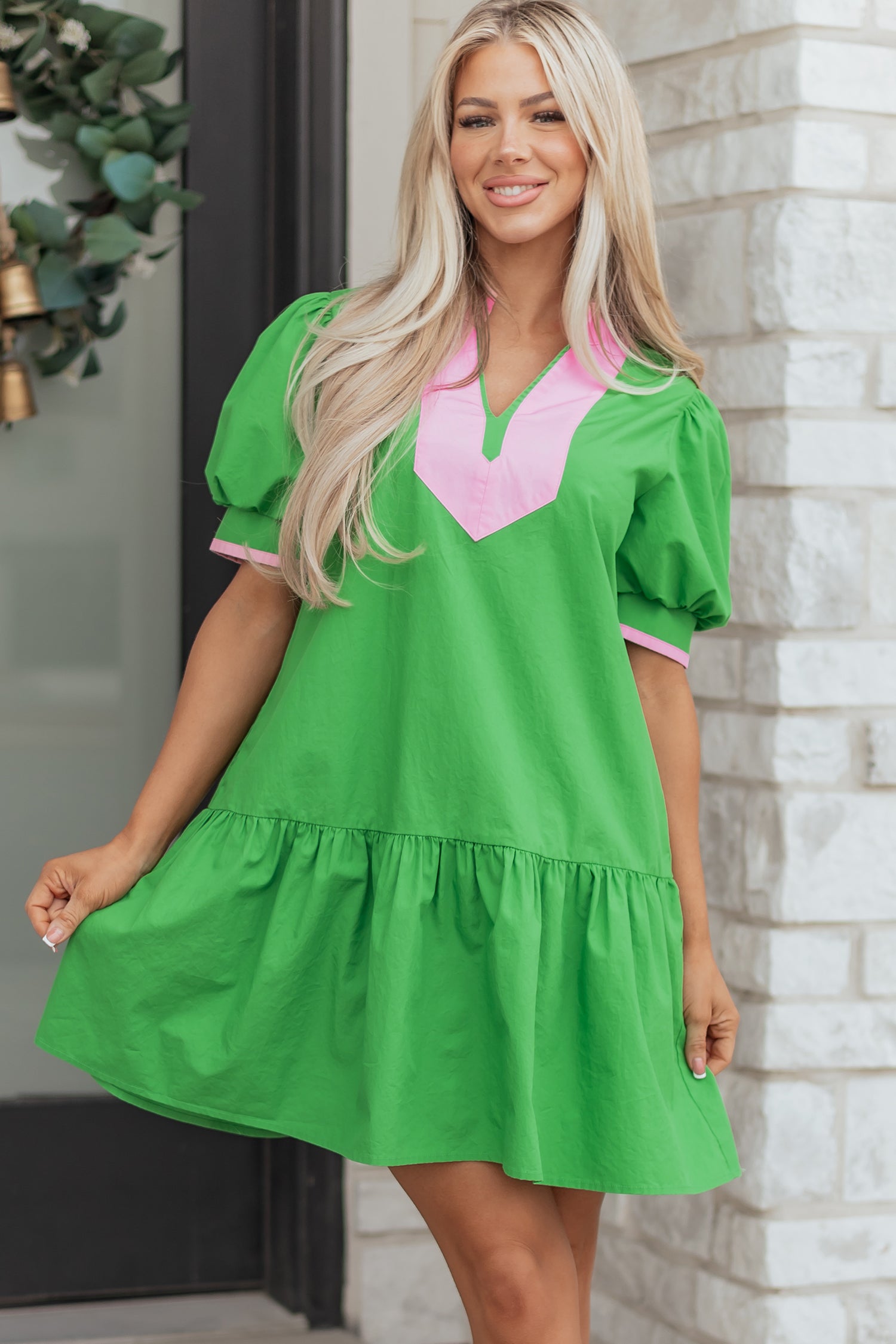 Colour Block Split Neck Puff Sleeve Ruffle Hem Mini Dress