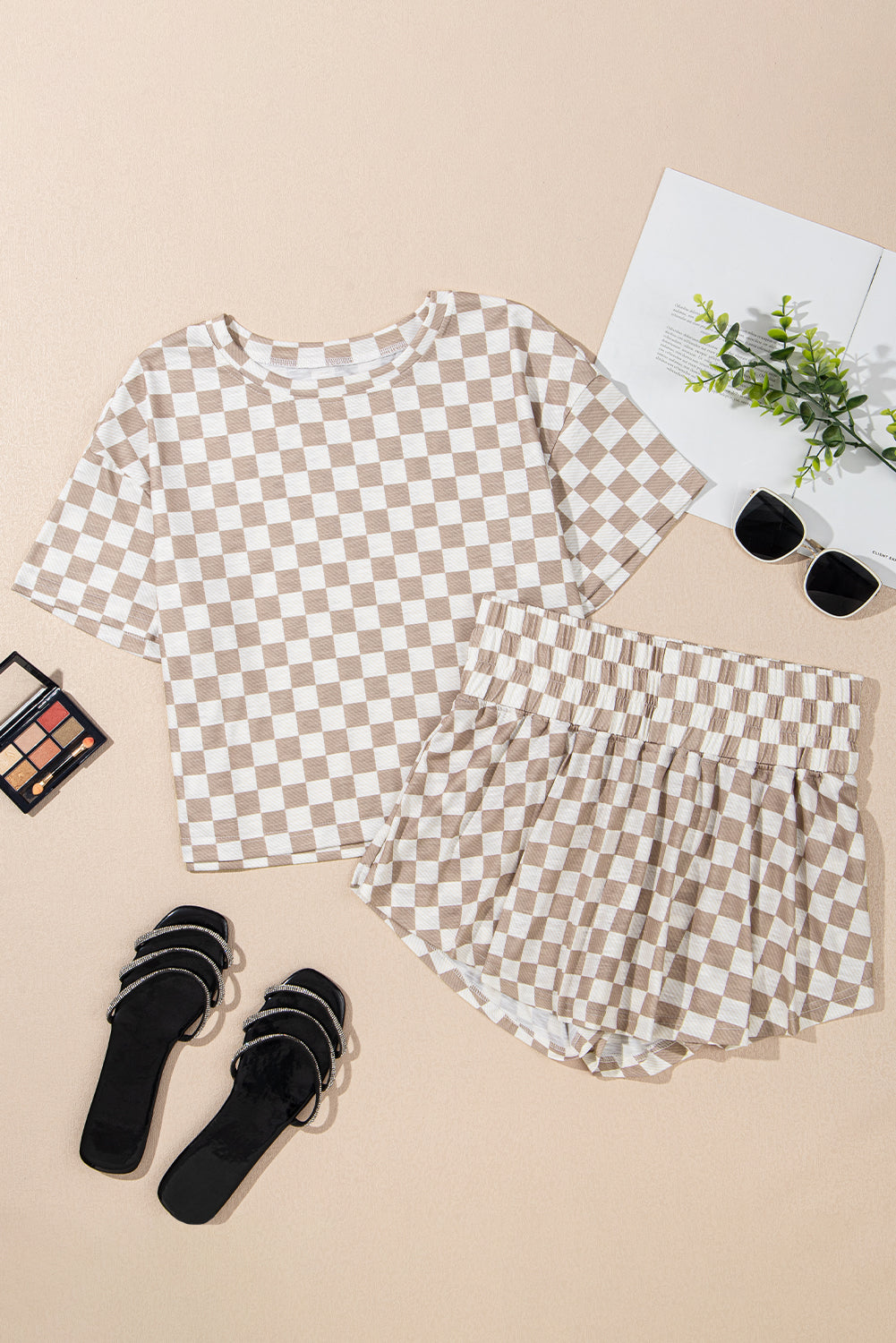 Brown Checkerboard T Shirt and High Waist Skorts 2 Piece Outfit Co-ord eAura