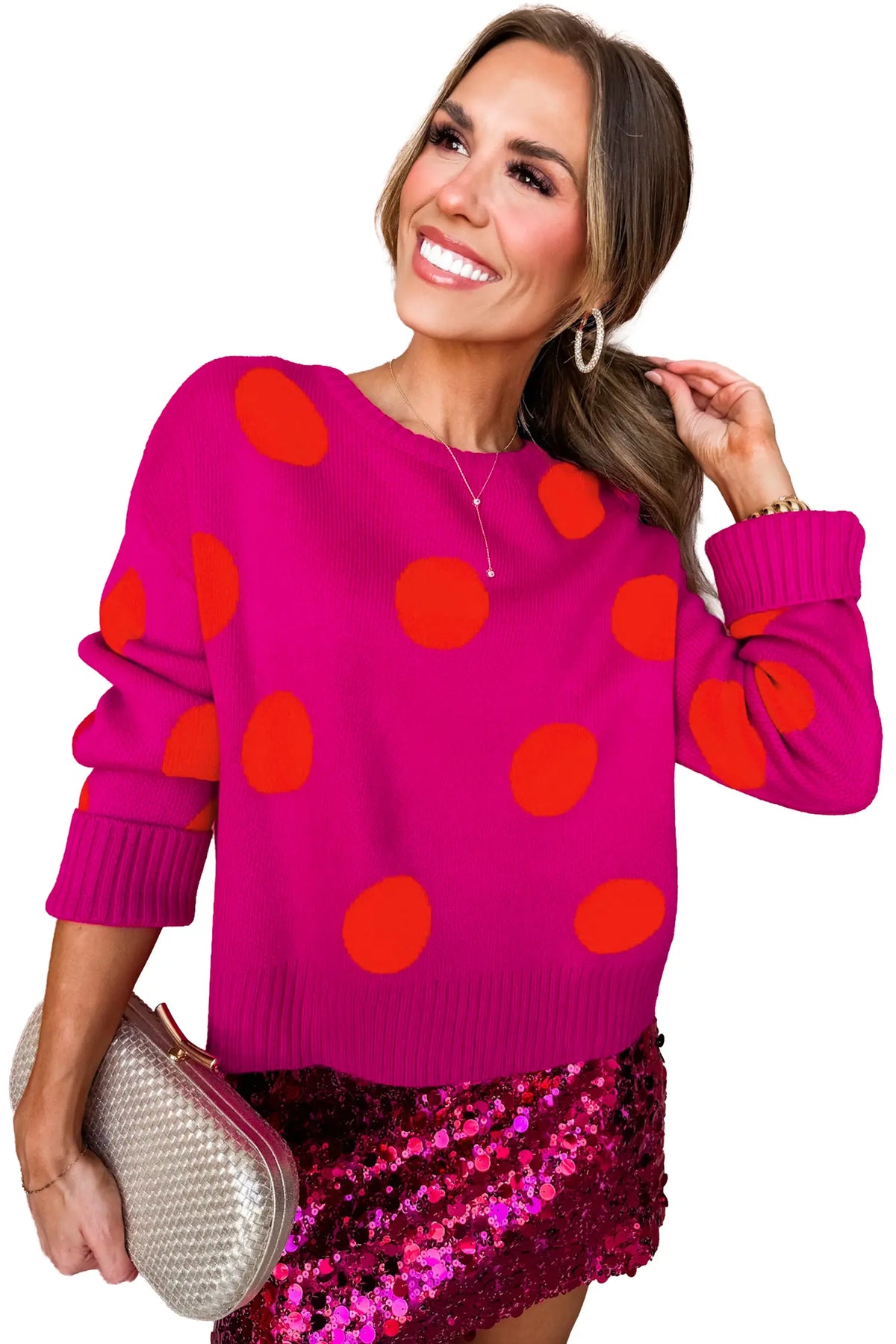 Playful Cozy Polka Dot Sweater – Strawberry Pink