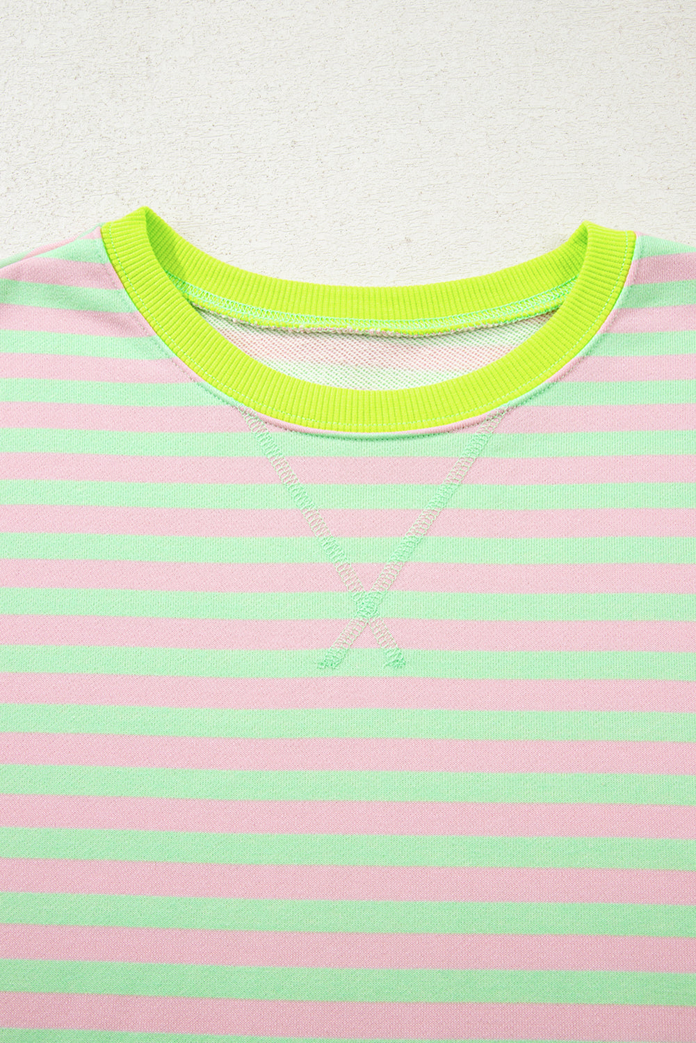 Striped Contrast Ribbed Trim Crossed Stitch Drop Shoulder Sweatshirt - eAura