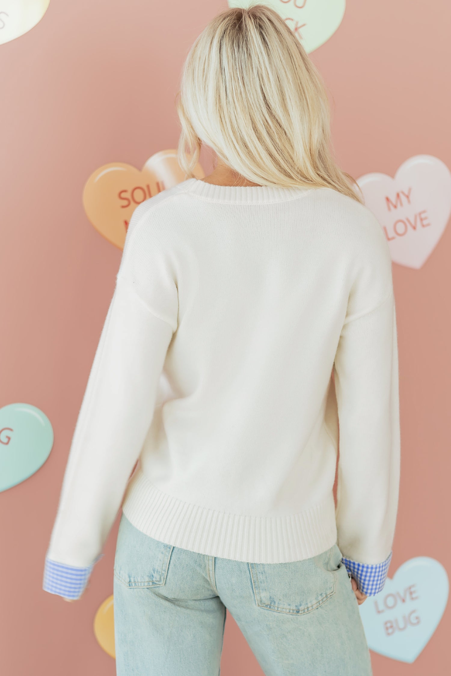 Heart Embroidered Cuffed Drop Shoulder Sweater - Sweaters & Cardigans/Sweaters