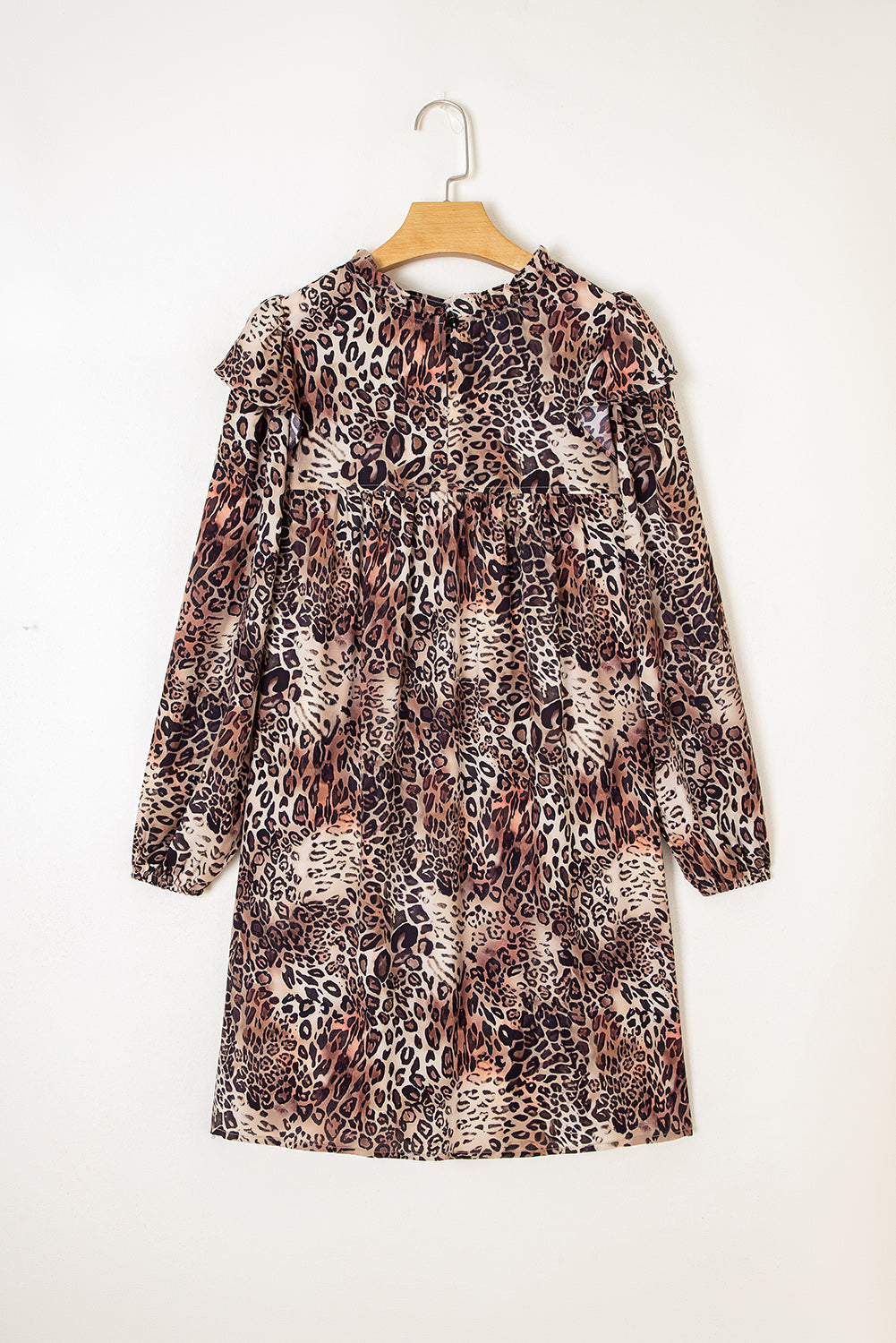 Leopard Ruffled Detail Long Sleeve Loose Mini Dress - eAura