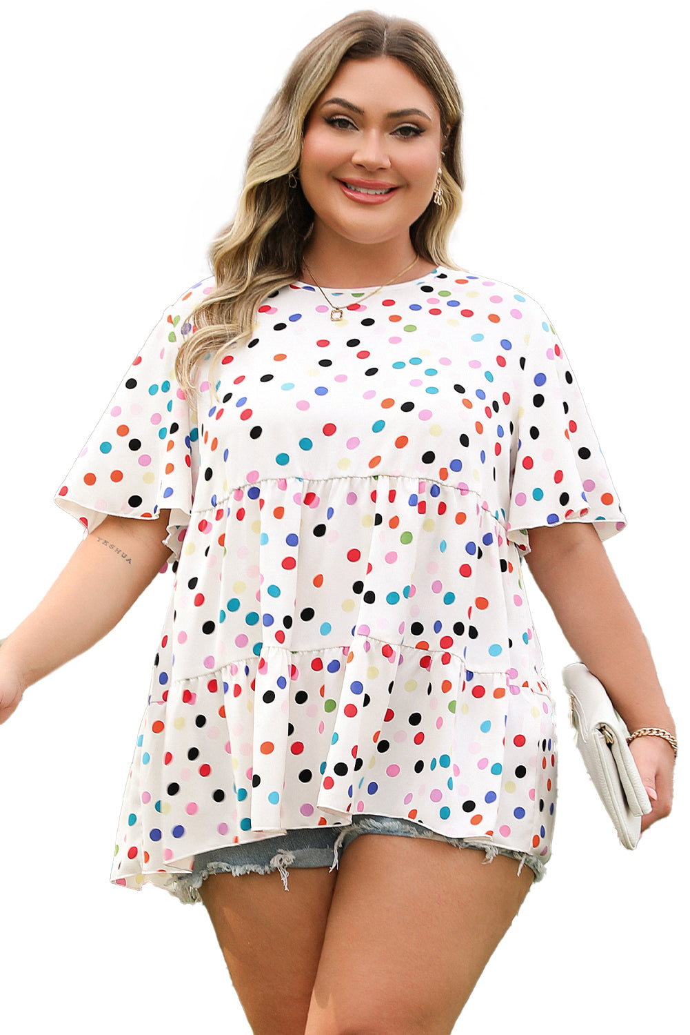 Beige Colourful Polka Dot Print Short Sleeve Ruffled Plus Size Babydoll Blouse BB Fashion Outlet