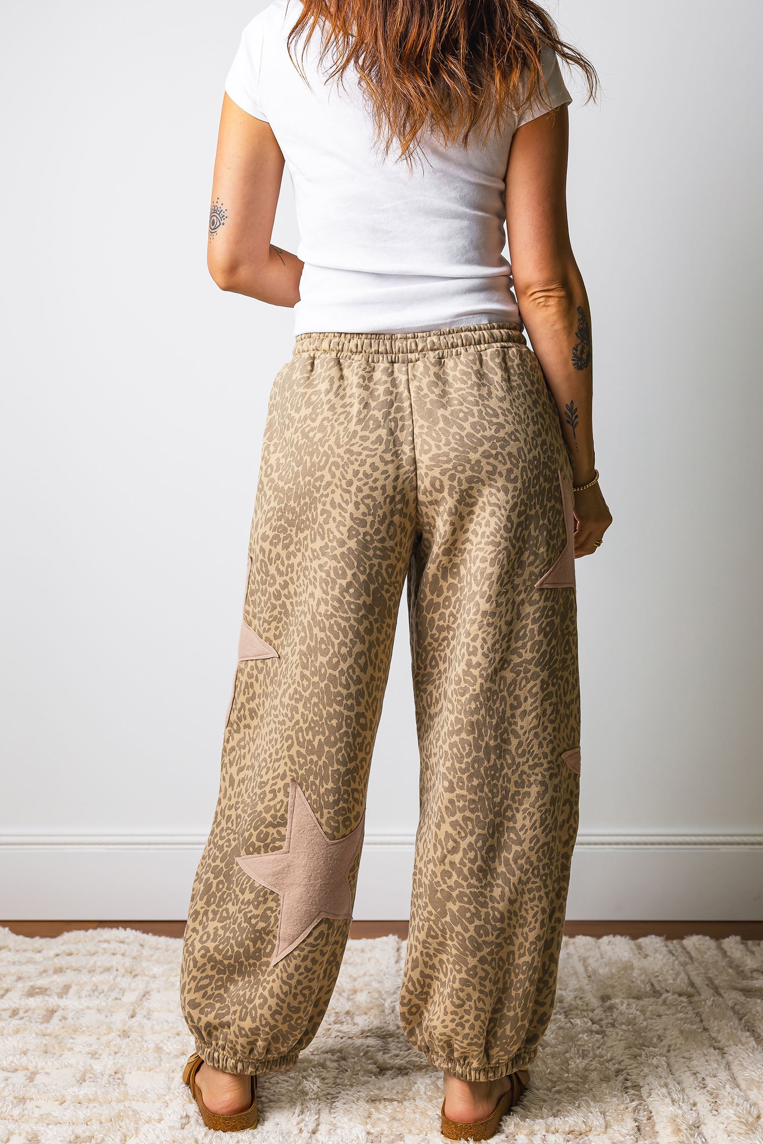 Leopard Print Star Patched Drawstring Elastic Waist Jogger Pants – Khaki