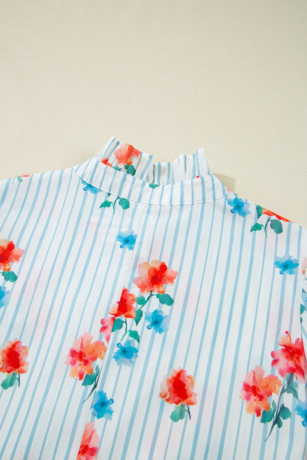 Sky Blue Stripe Floral Pattern Ruffle Short Sleeve Belted Mini Dress eAura