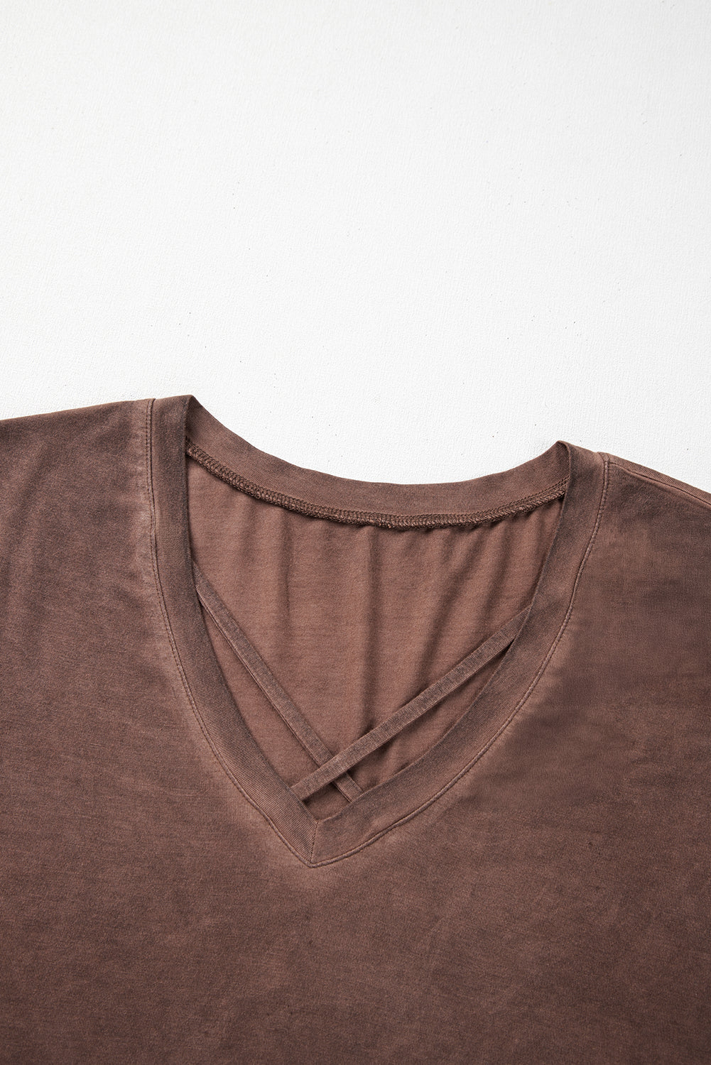 Chestnut Mineral Wash Criss Cross V Neck Casual T Shirt - Tops/Tops & Tees