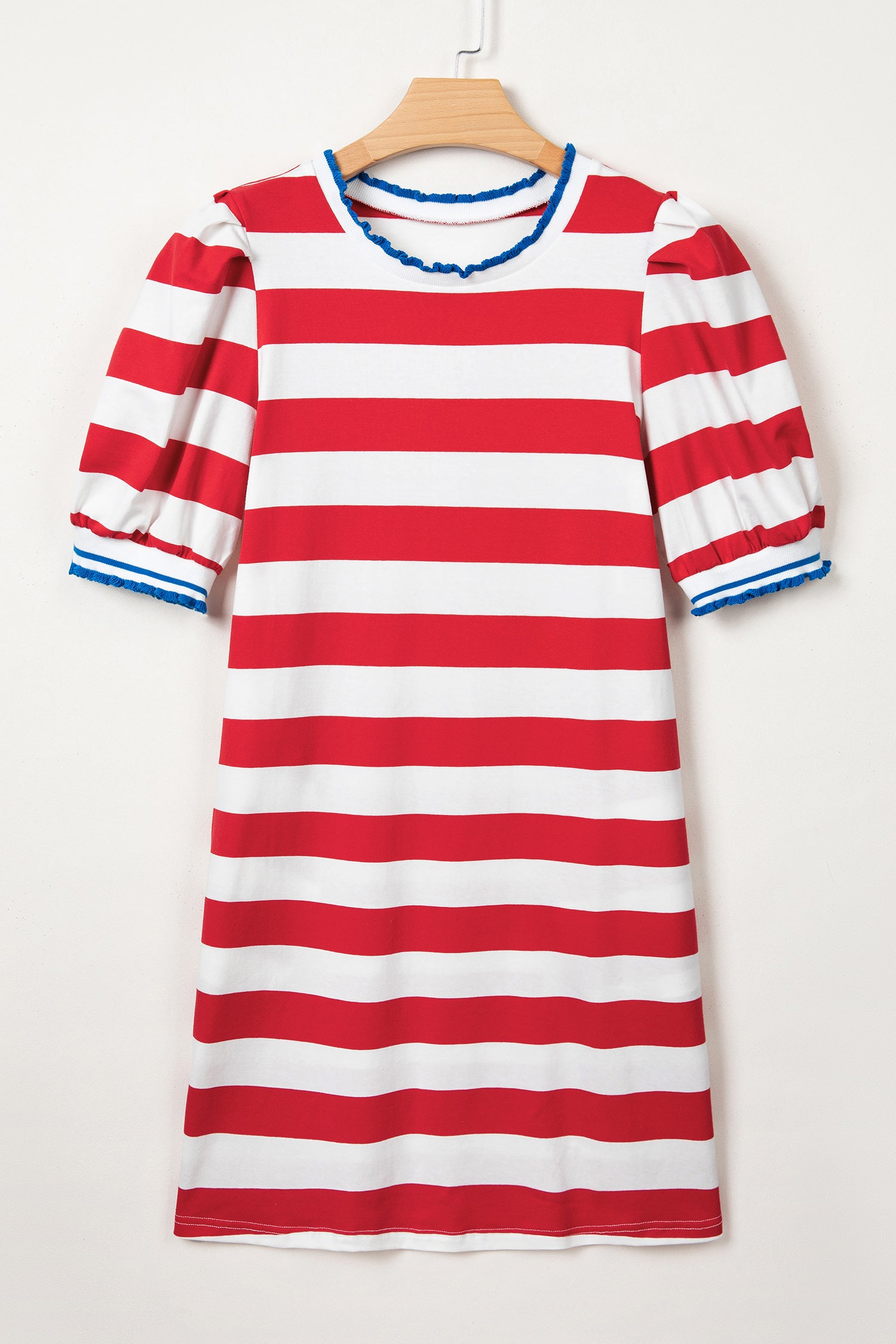 Stripe Contrast Trim Round Neck Short Puff Sleeve Shift Mini Dress
