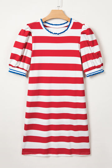 Stripe Contrast Trim Round Neck Short Puff Sleeve Shift Mini Dress