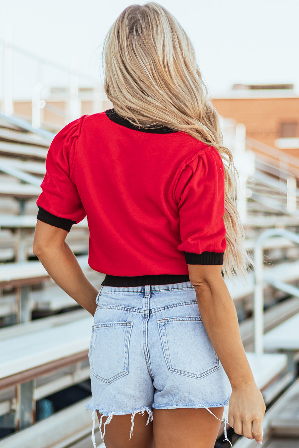 Red Sequin Rugby Colour Block Puff Short Sleeve Sweater eAura