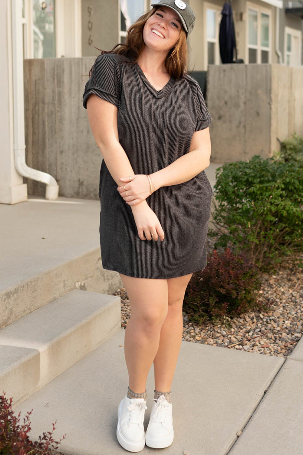 Carbon Grey Ribbed V Neck Plus Size T Shirt Dress with Pockets BB Fashion Outlet