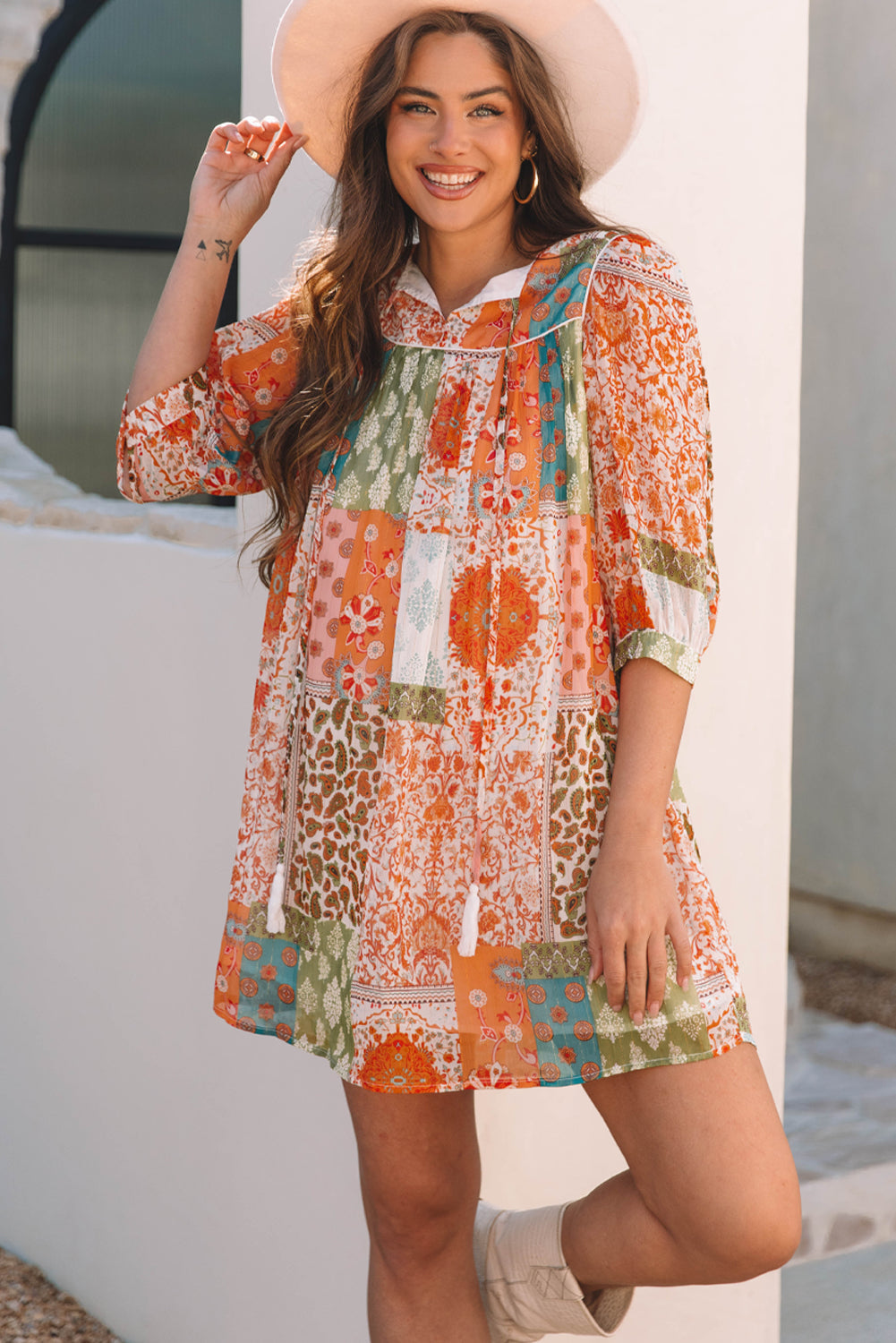 Orange Boho Paisley Mixed Print 3/4 Sleeve Chiffon Loose Dress eAura