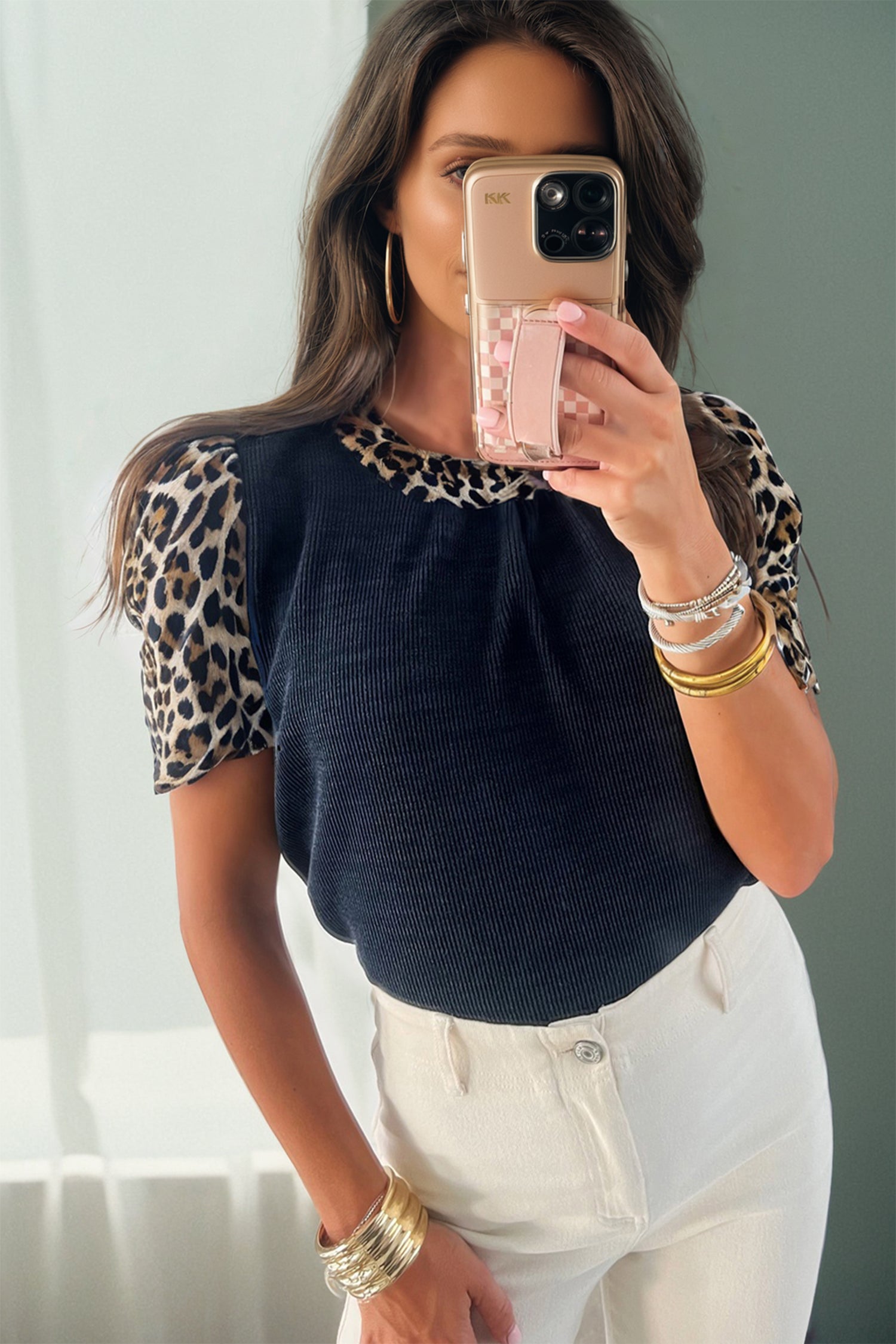 Contrast Leopard Short Sleeve Ribbed Top - Tops/Tops & Tees