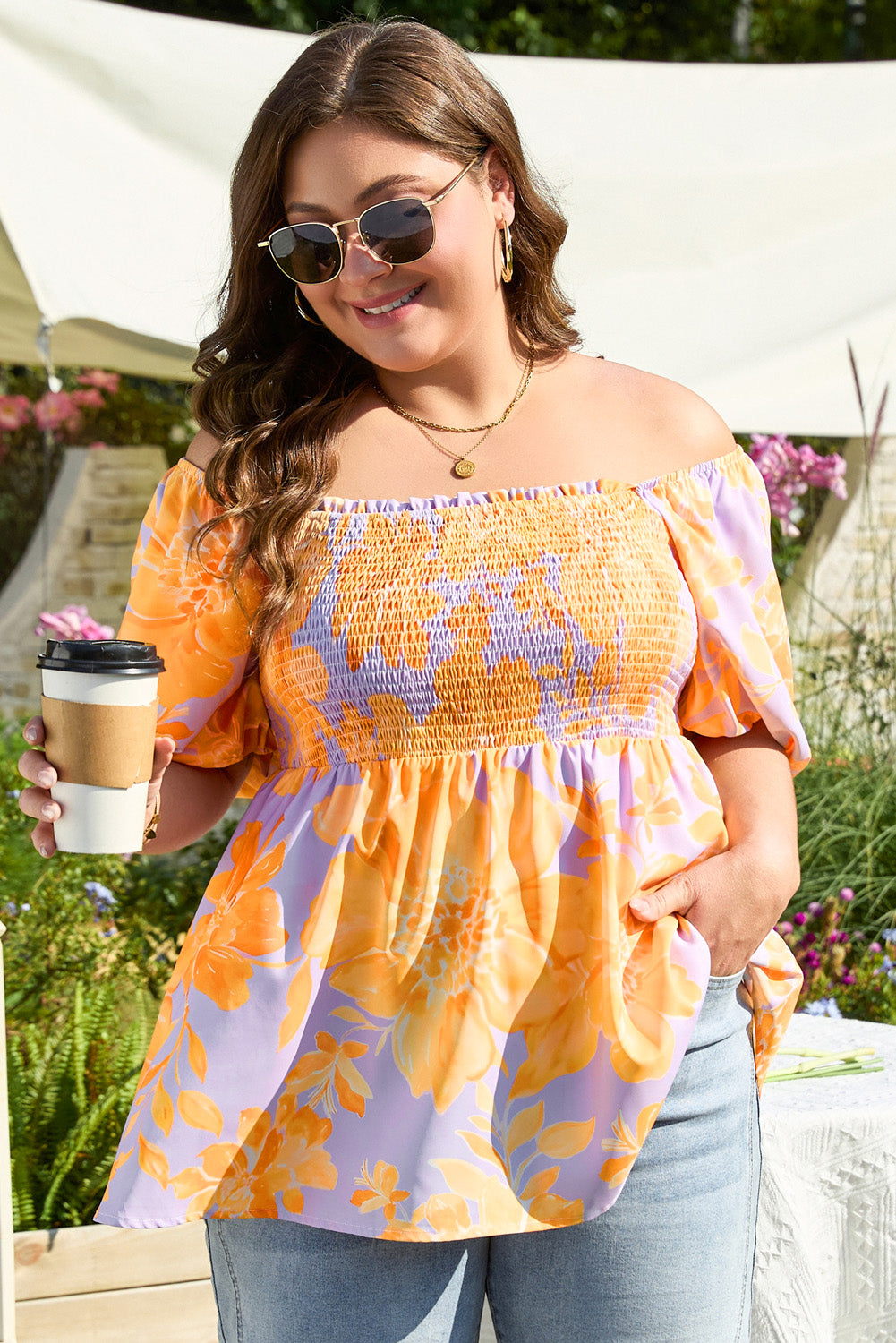 Purple Floral Puff Sleeve Square Neck Smocked Plus Size Babydoll Blouse BB Fashion Outlet
