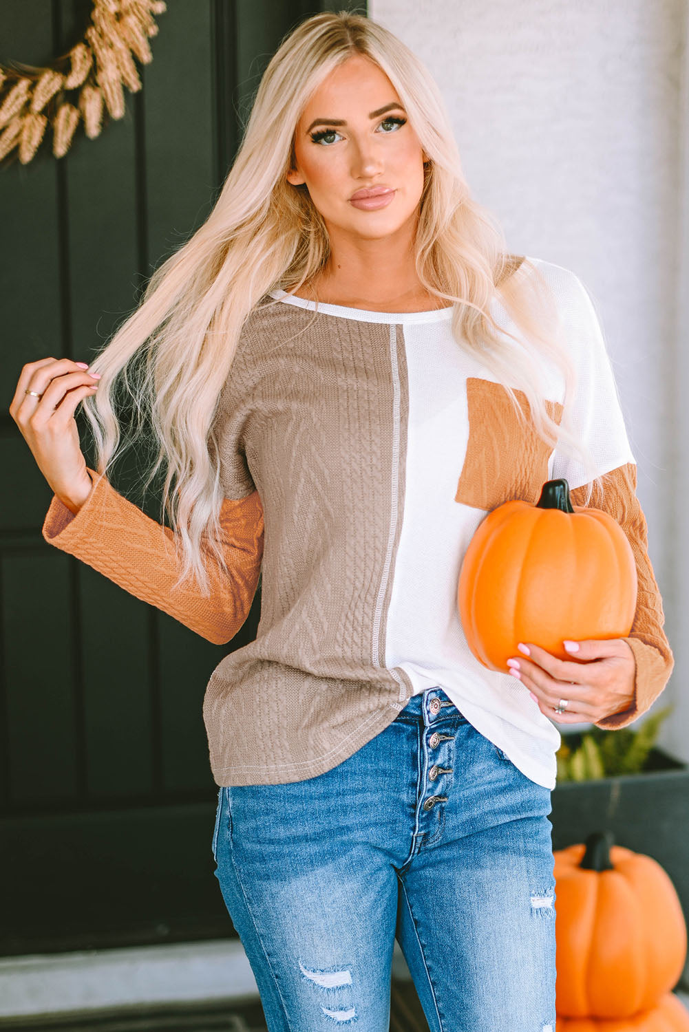 Long Sleeve Colourblock Chest Pocket Textured Knit Top eAura