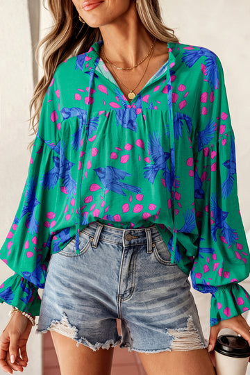 Abstract Print V Neck Flounced Puff Sleeve Blouse – Green