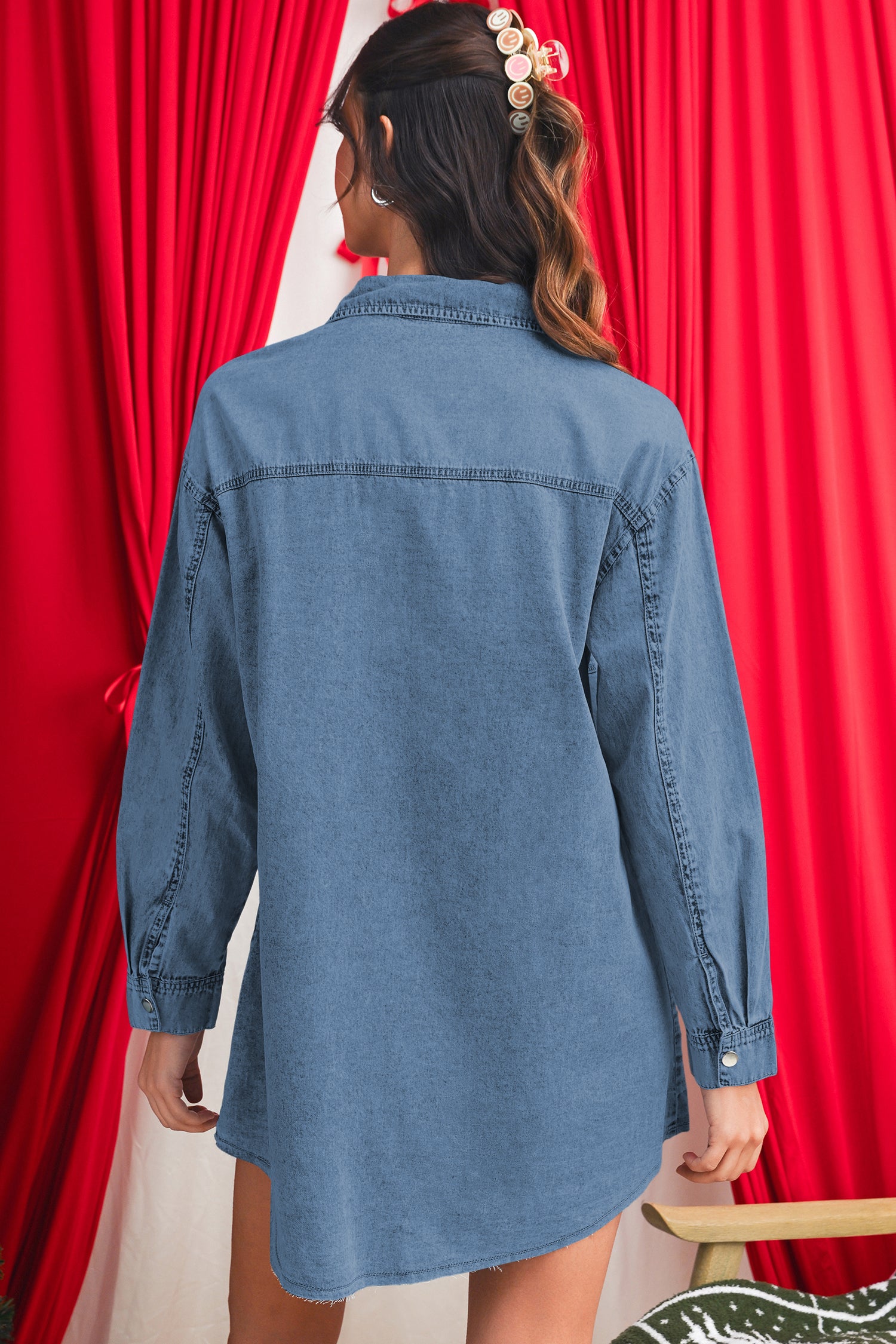 Chest Pocket Raw Hem Denim Loose Shirt Dress