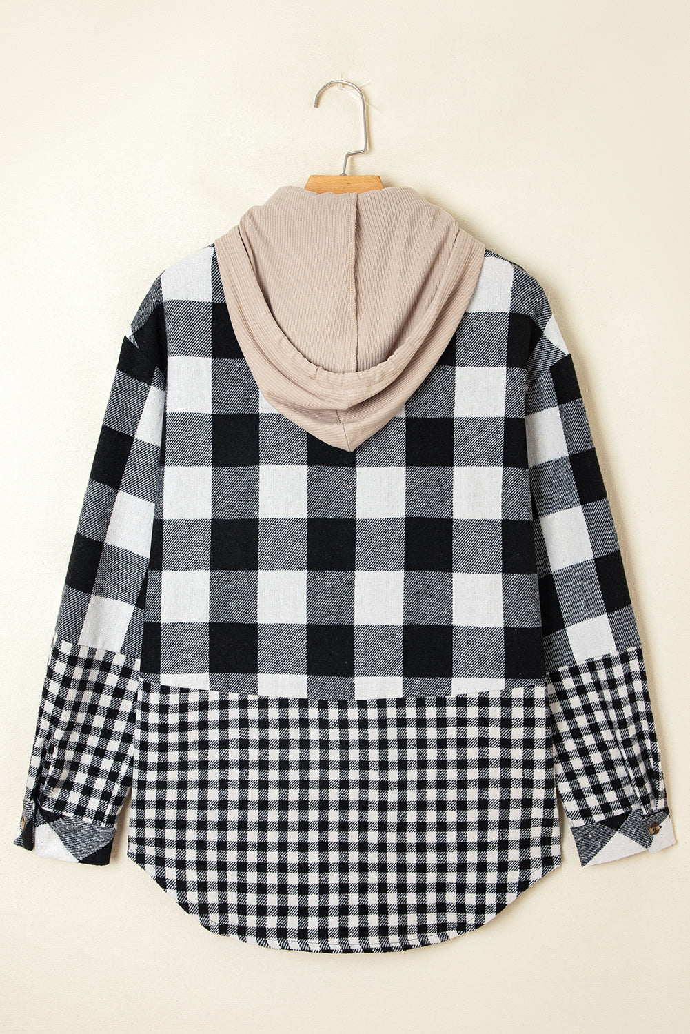 Black Double Plaid Patchwork Drawstring Hooded Shacket eAura