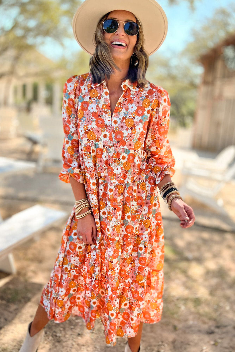 MultiColour Boho Floral Collared Long Sleeve Ruffled Dress eAura