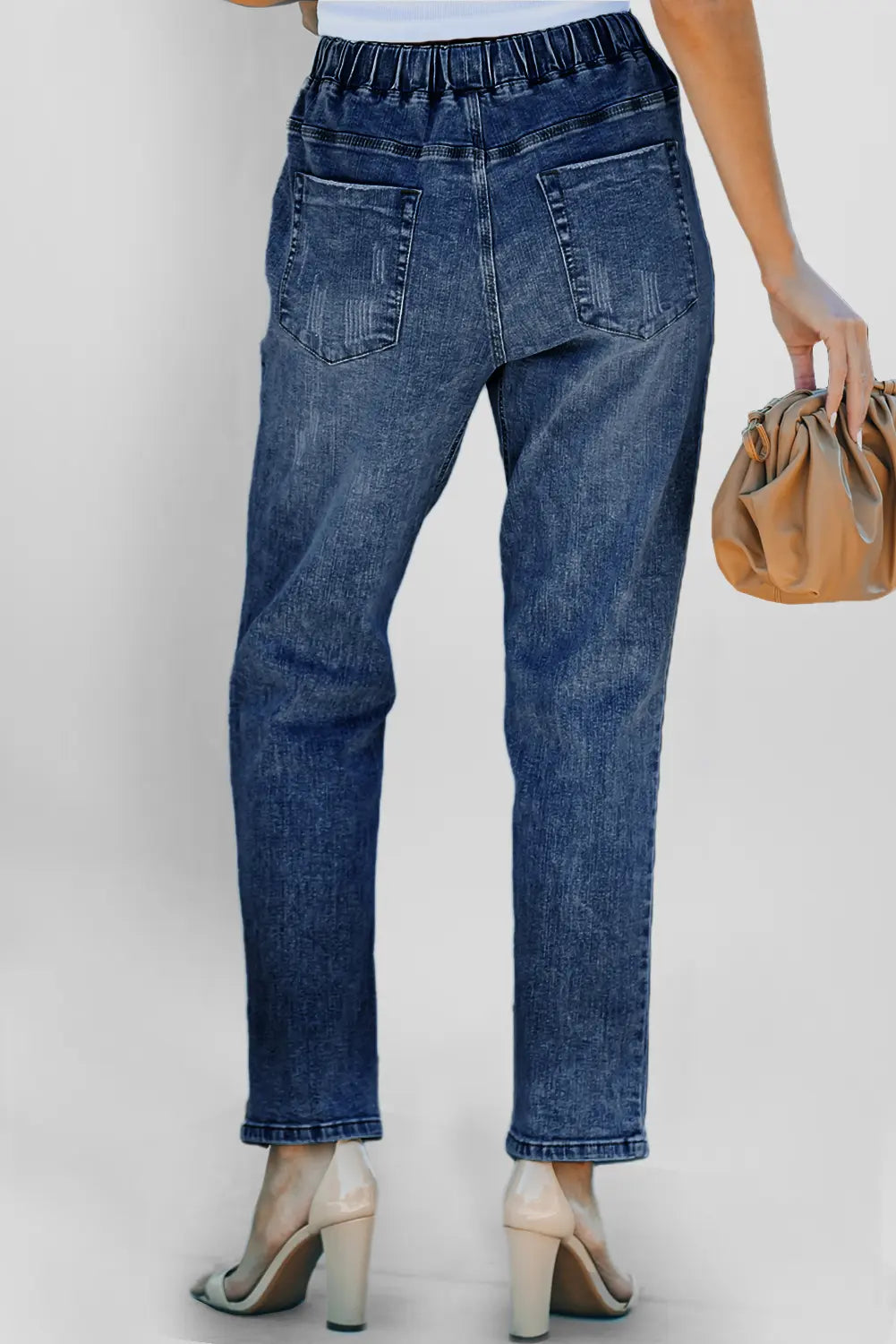 Distressed Pocketed Denim Jogger – Blue