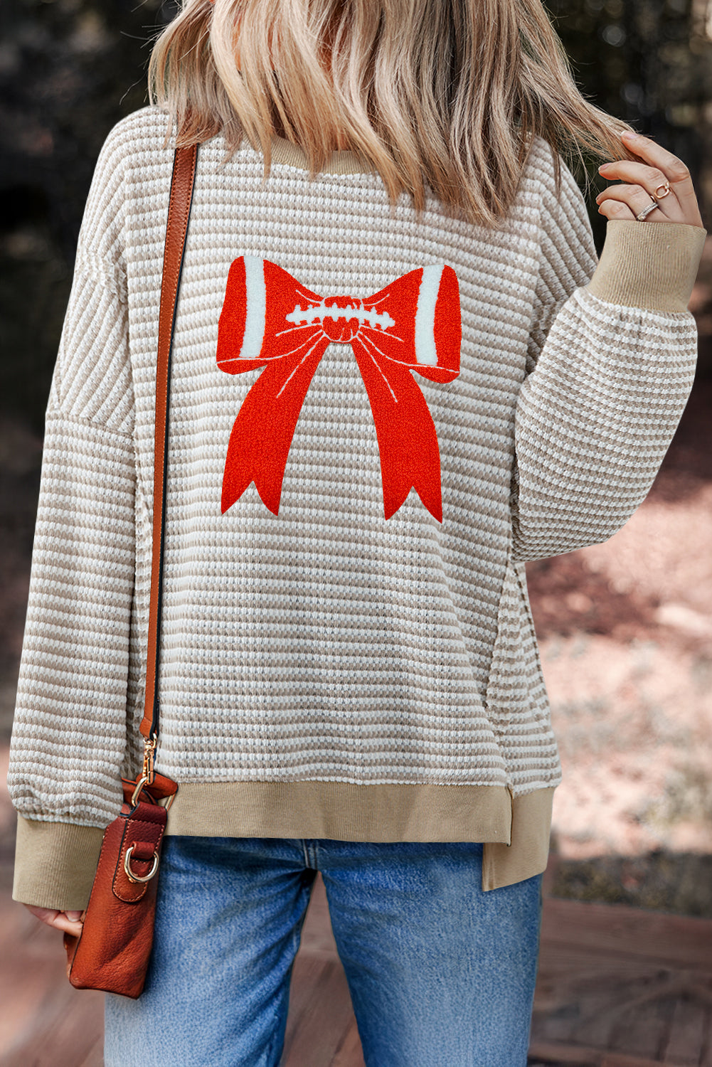 Striped Chenille Bow Patched Drop Shoulder Long Sleeve Top Dear-Lover Dropshipping