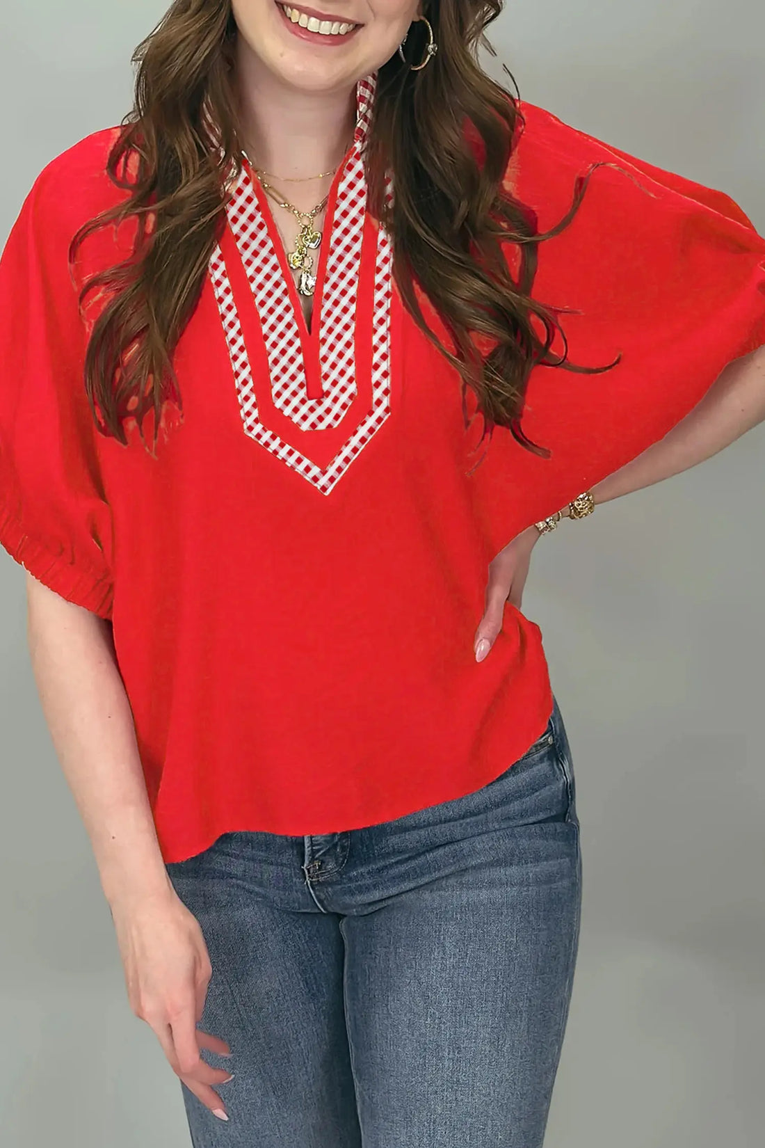 Red V Neck Plaid Collar Short Sleeve Tunic Blouse – Fiery Red