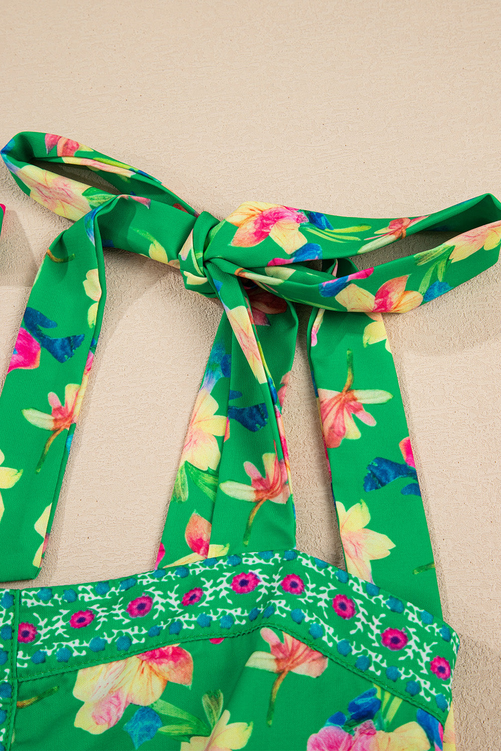 Green Floral Print Contrast Trim Knotted Straps Midi Dress eAura