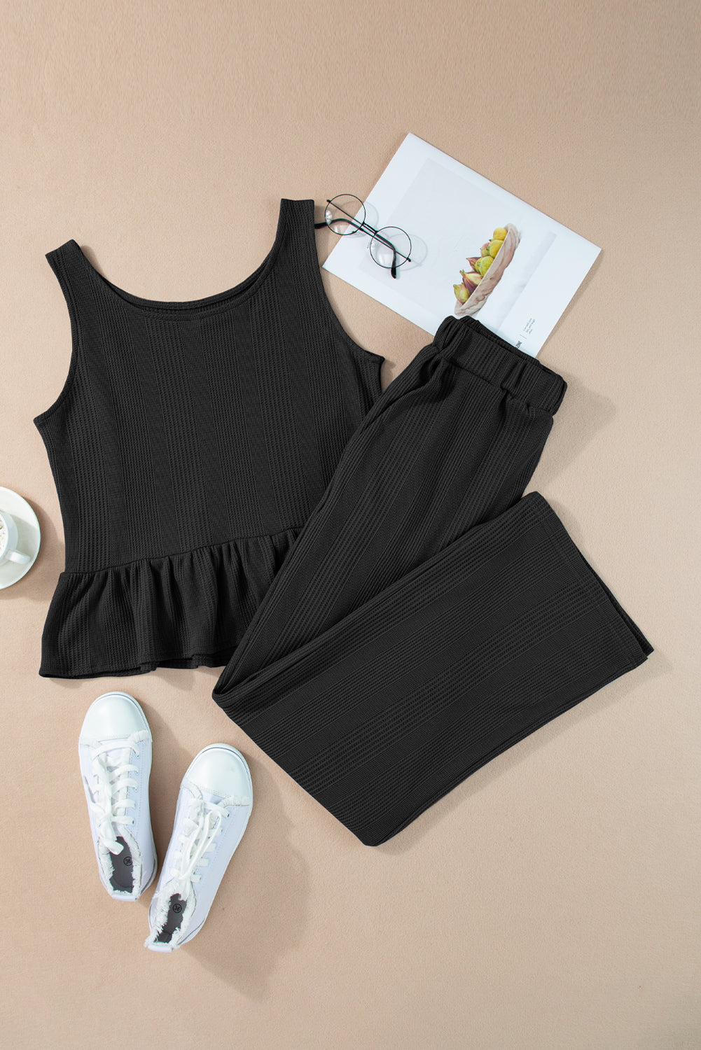 Duffel Green Solid Colour Ribbed Ruffle Tank Top and Trousers Set eAura