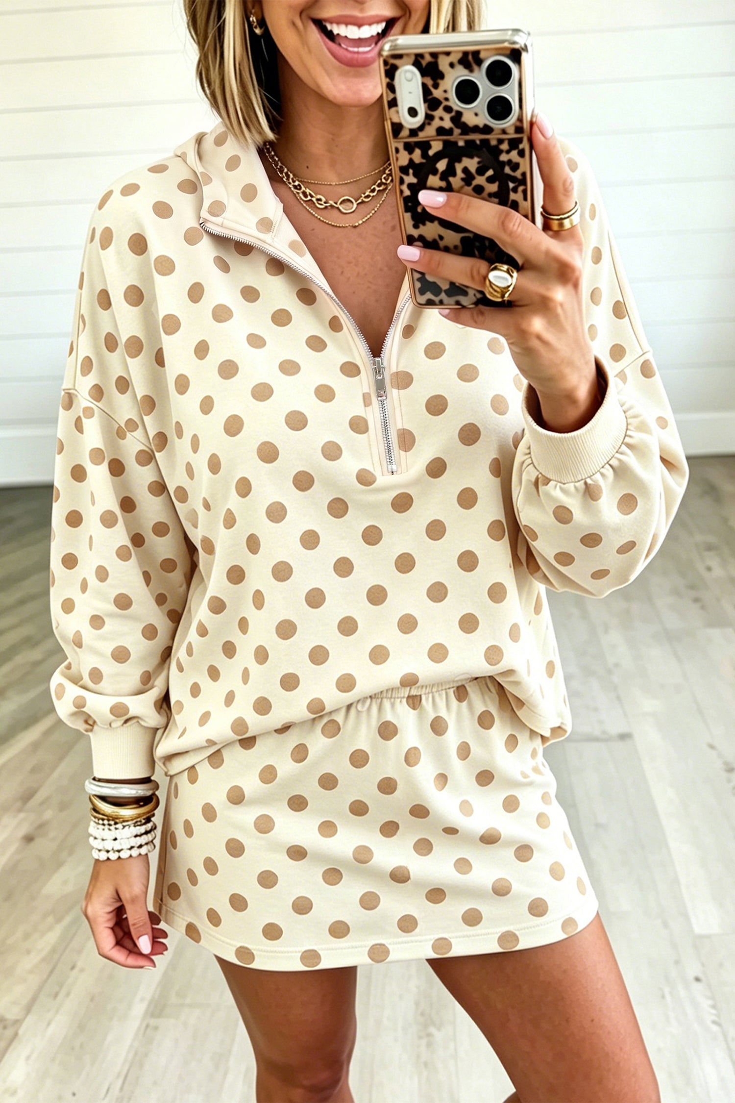Polka Dot Hooded Long Sleeve Top Casual Mini Skort Set – Khaki
