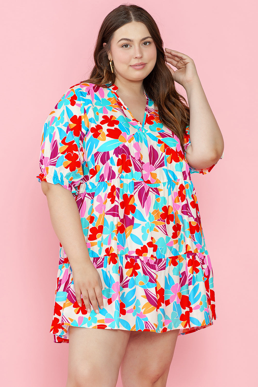 Multicolour Floral Tiered V Neck Plus Dress BB Fashion Outlet