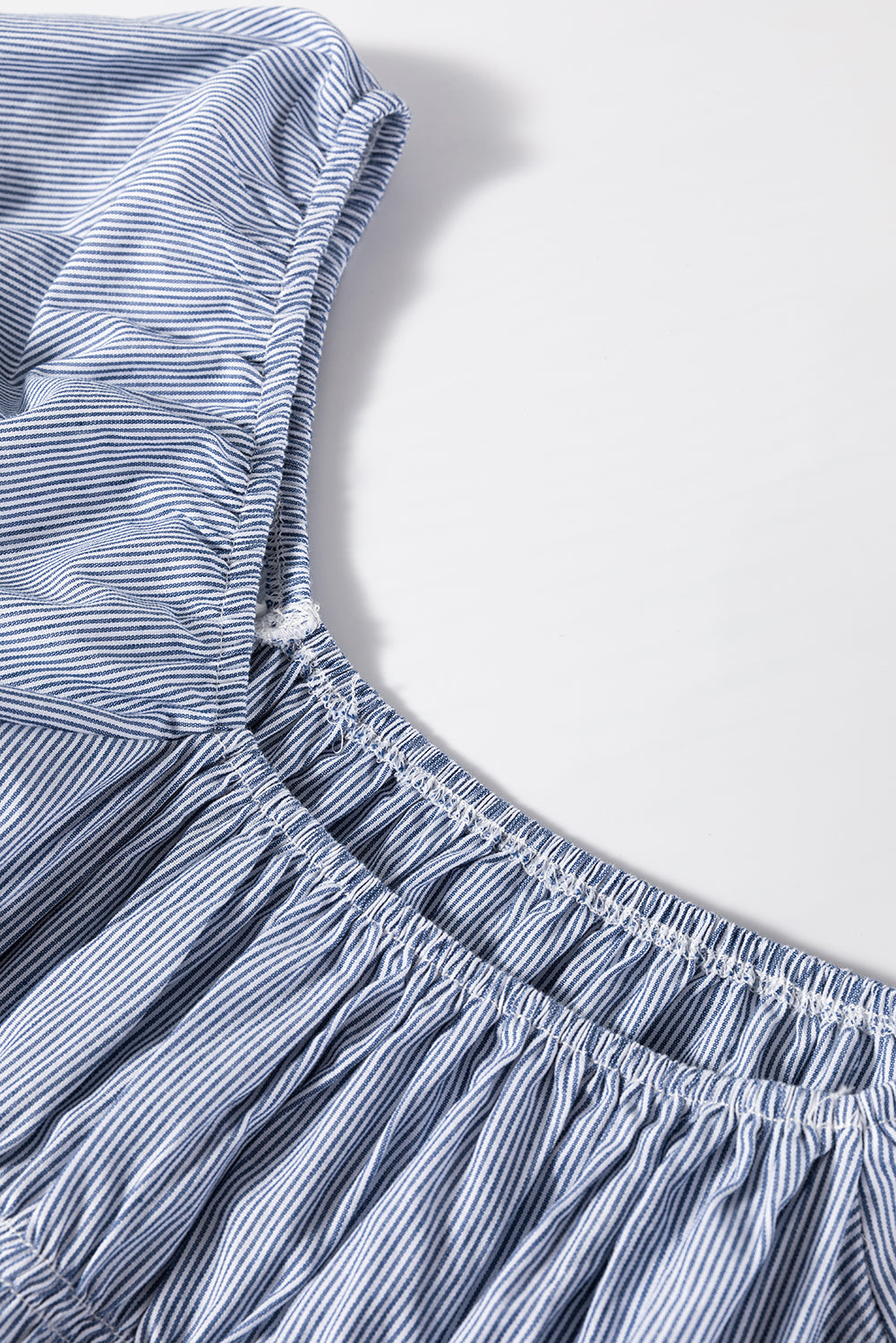 Sky Blue Stripe Bubble Sleeve Square Neck Ruched Pocketed Babydoll Dress eAura