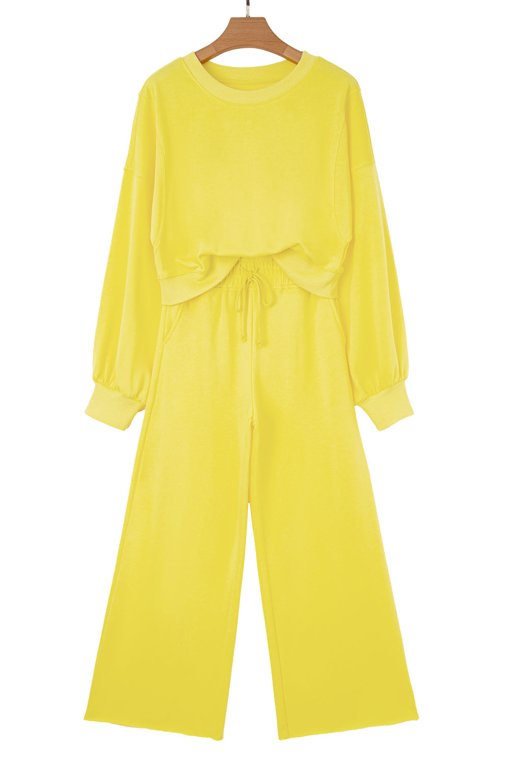 Drop Shoulder Puff Sleeve Crop Pullover and Drawstring Wide Leg Trousers Co-ord Set eAura