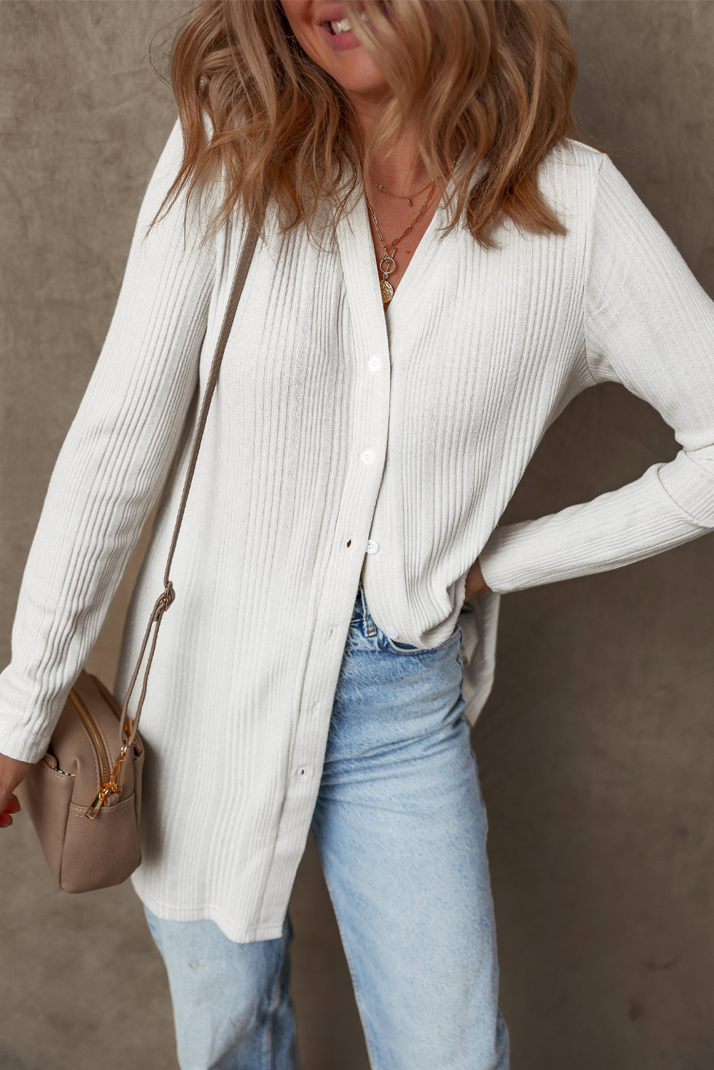 White Solid Colour Ribbed Button up Tunic Cardigan eAura