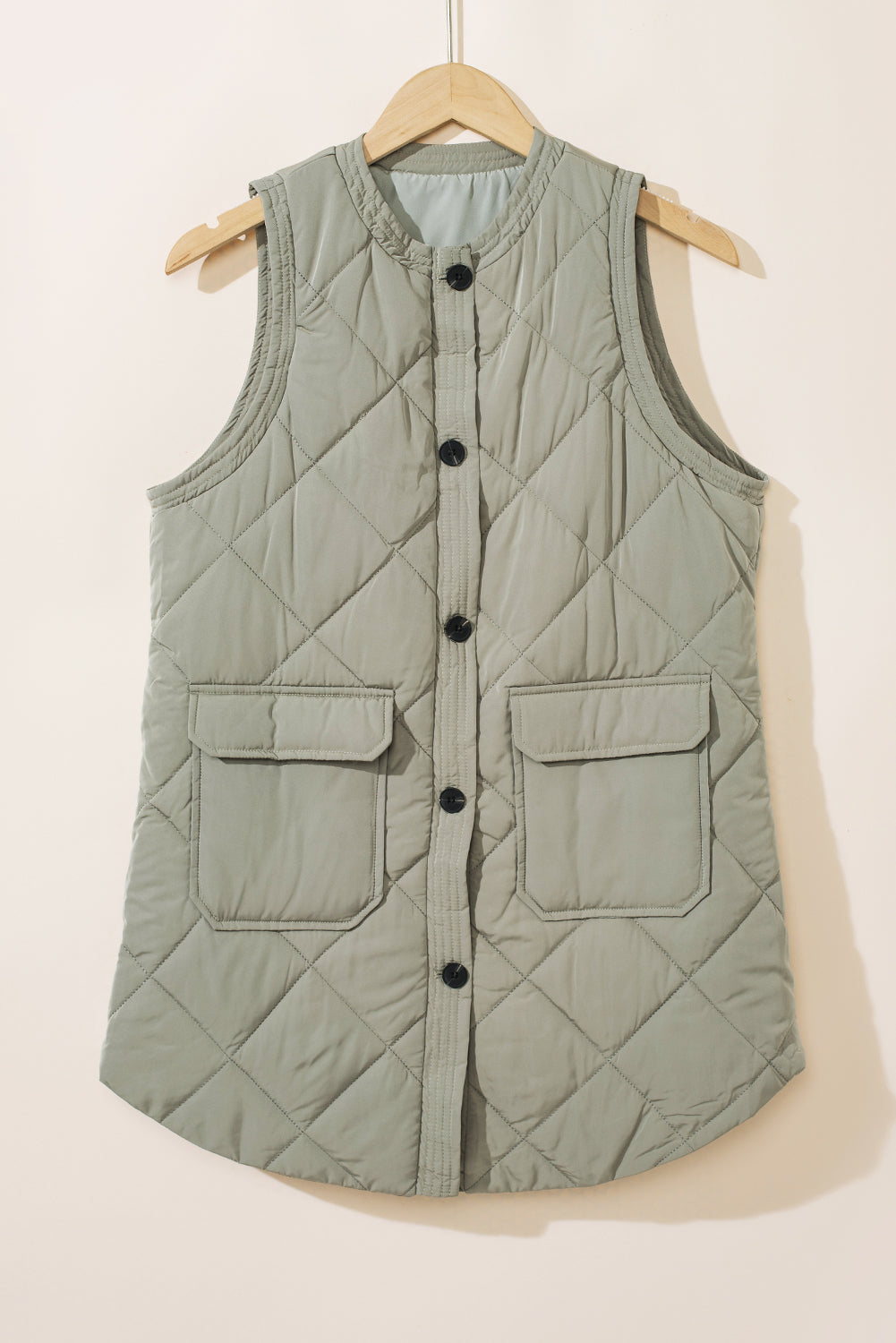 Grass Green Quilted Long Sleeveless Coat with Pockets eAura