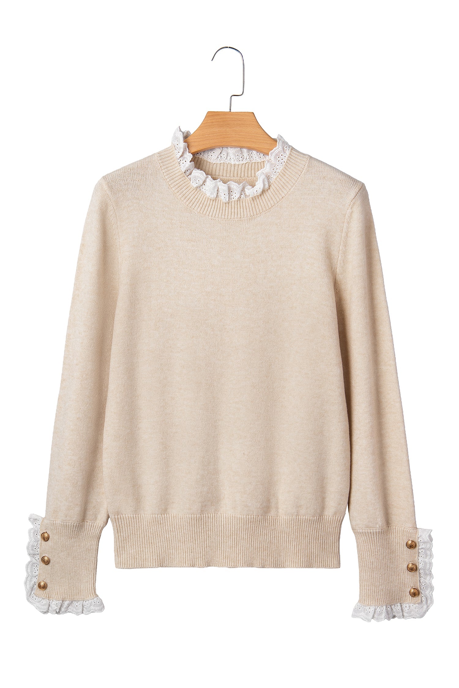 Lace Trim Sweater Patchwork Buttoned Cuffs Loose Sweater - eAura