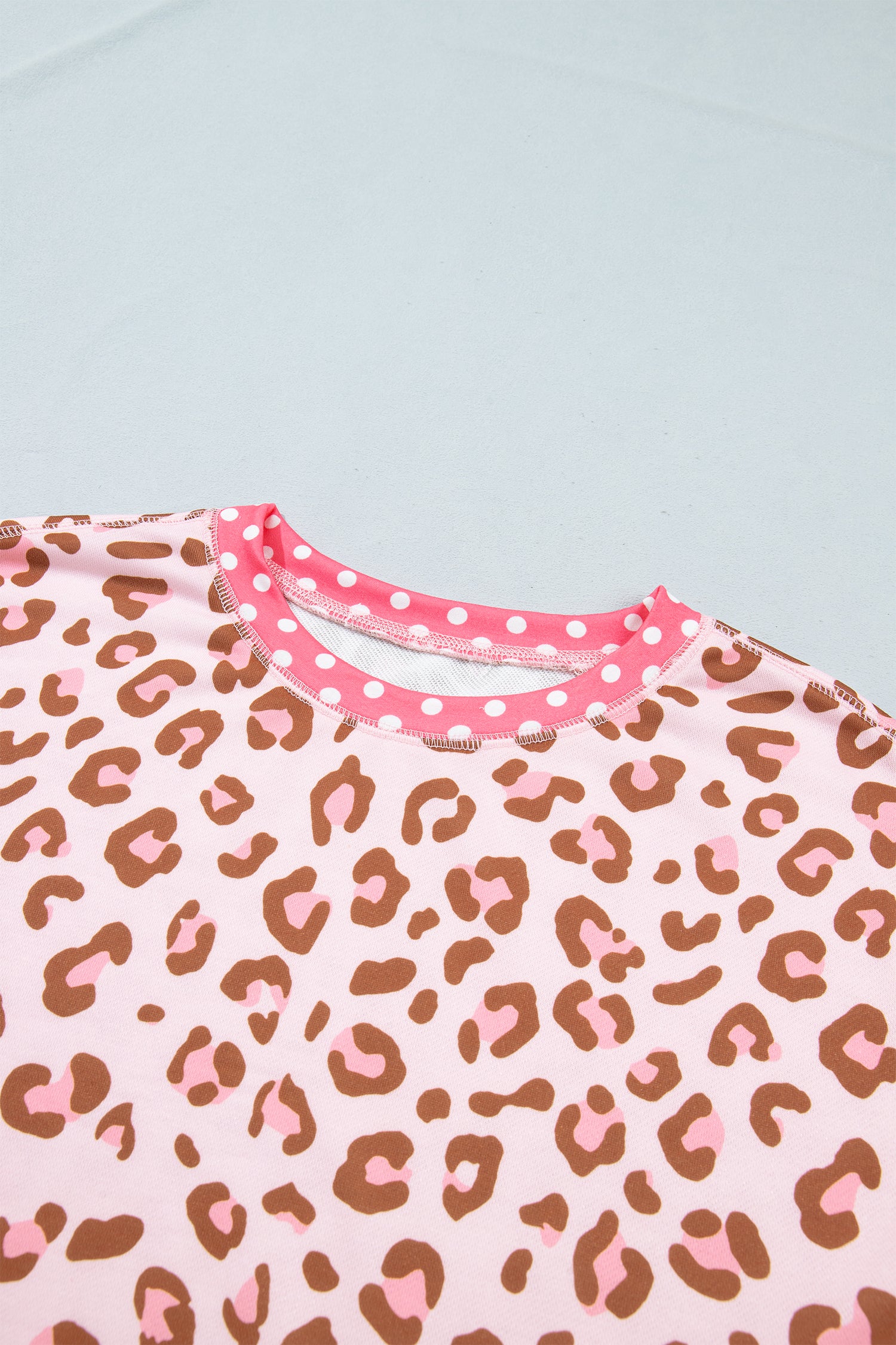 Brown Leopard Polka Dot Colorblock Trim Long Sleeve Top