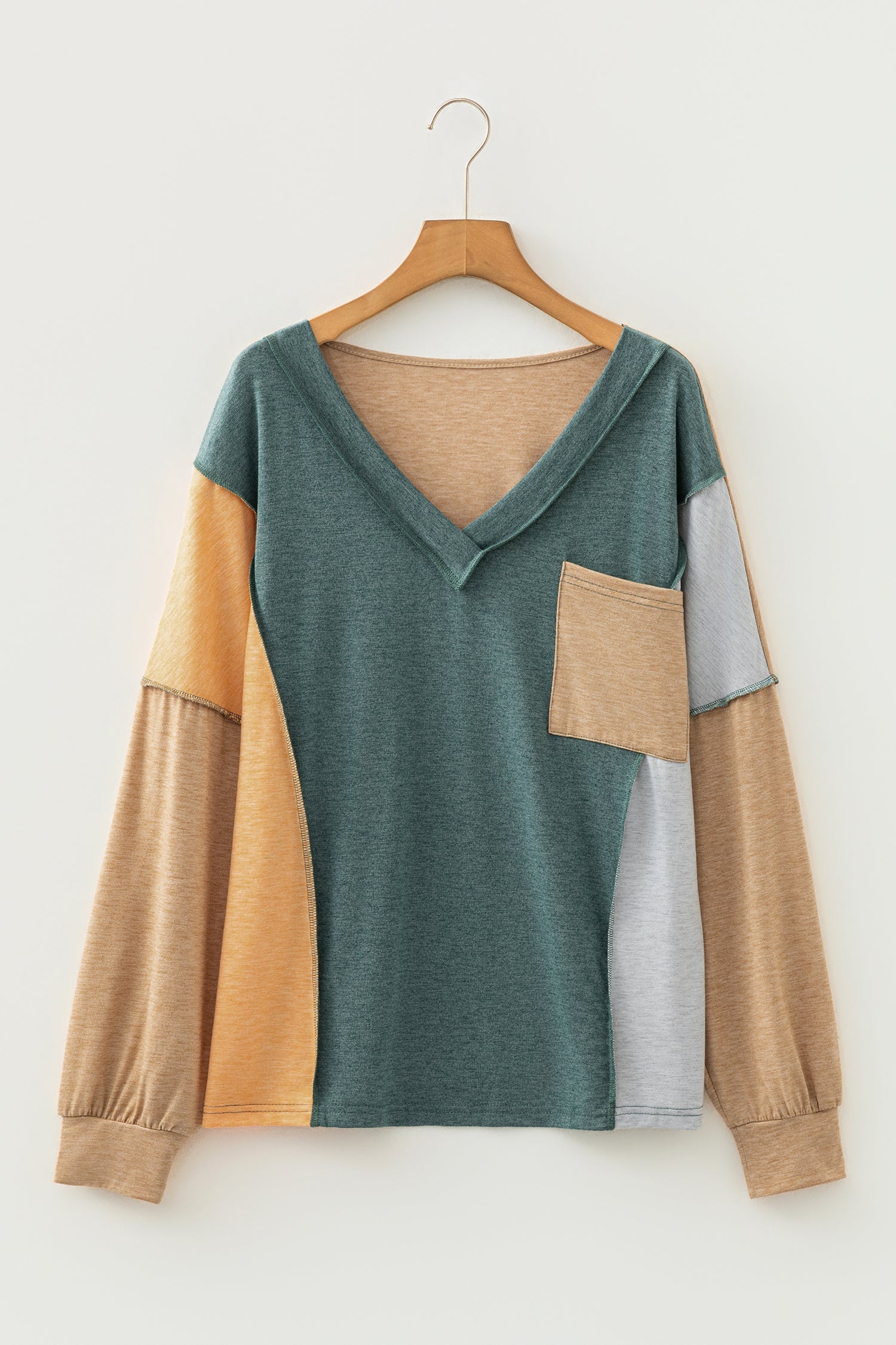 Exposed Stitching Colour-block V-Neck Long Sleeve Top
