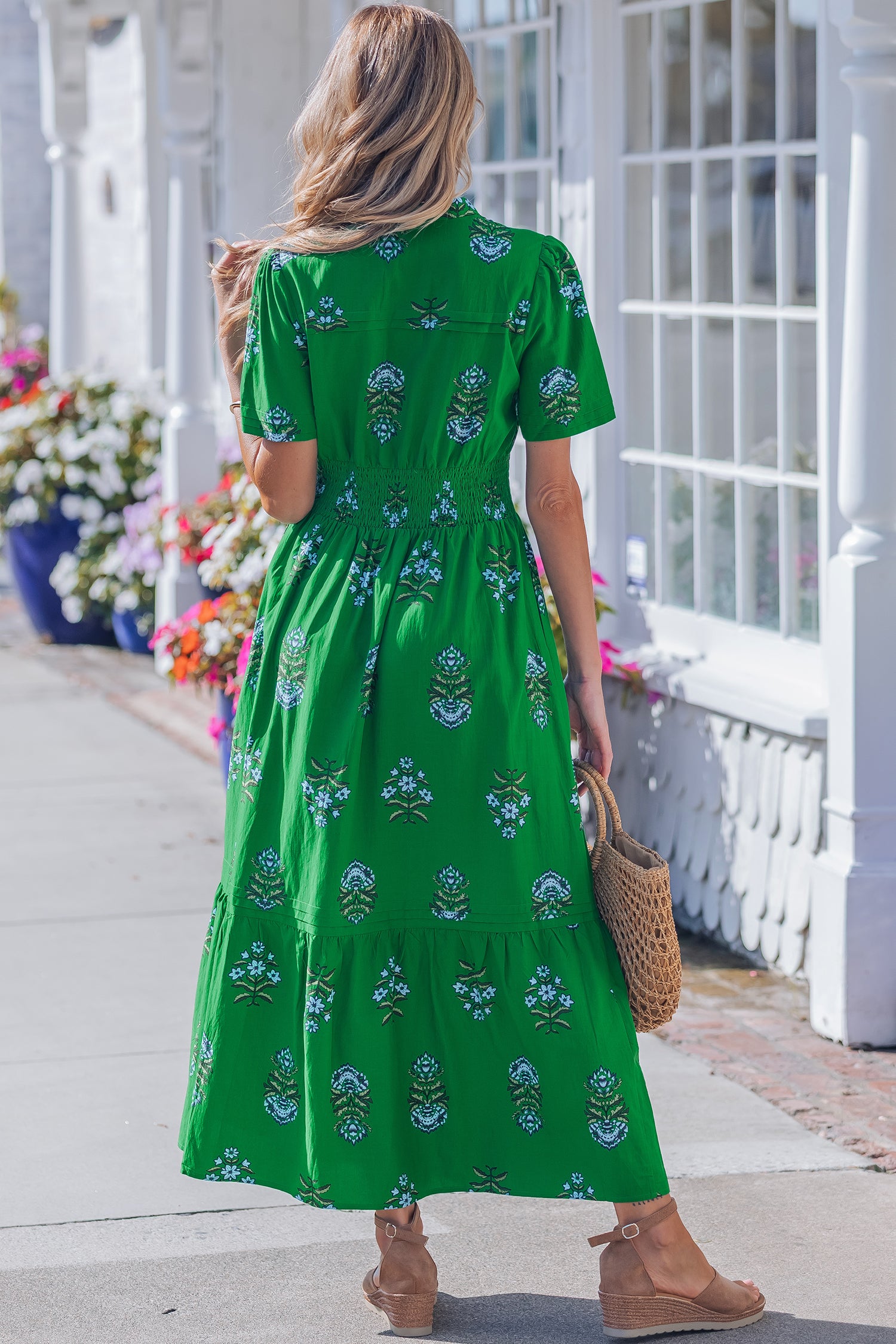 Floral Print Split Neck Shirred Waist Ruffle Hem Maxi Dress