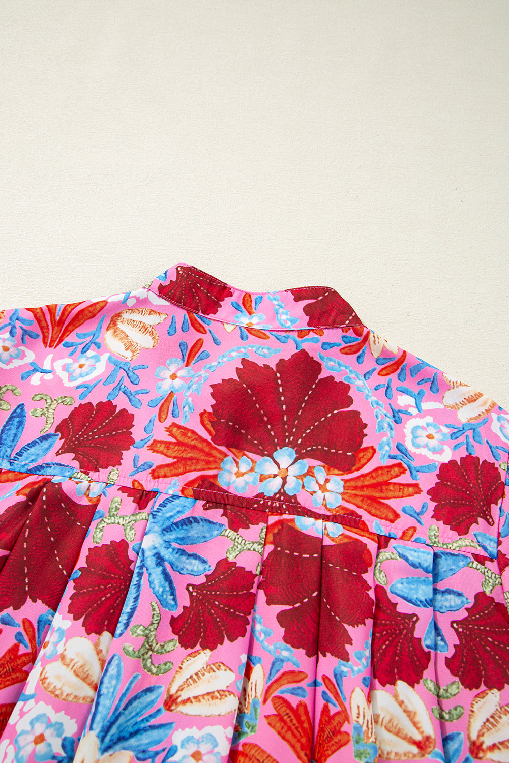 Floral Print Bubble Sleeve Button-Up Pleated Shirt – Pink
