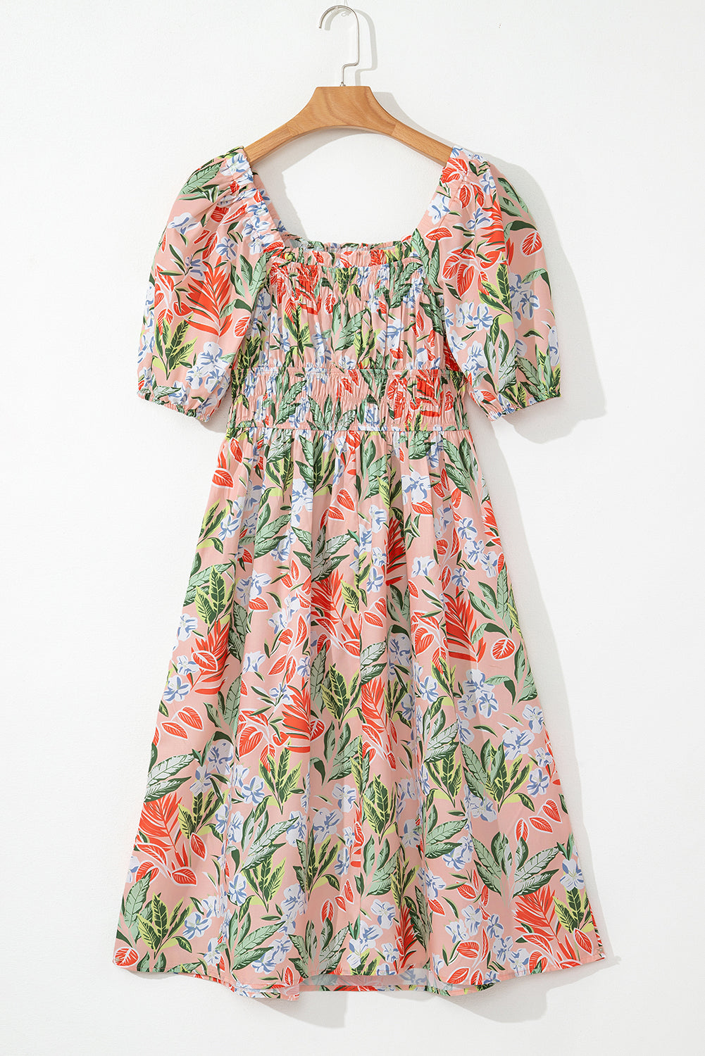 Apricot Pink Floral Smocked Bust Bubble Short Sleeve Maxi Dress eAura