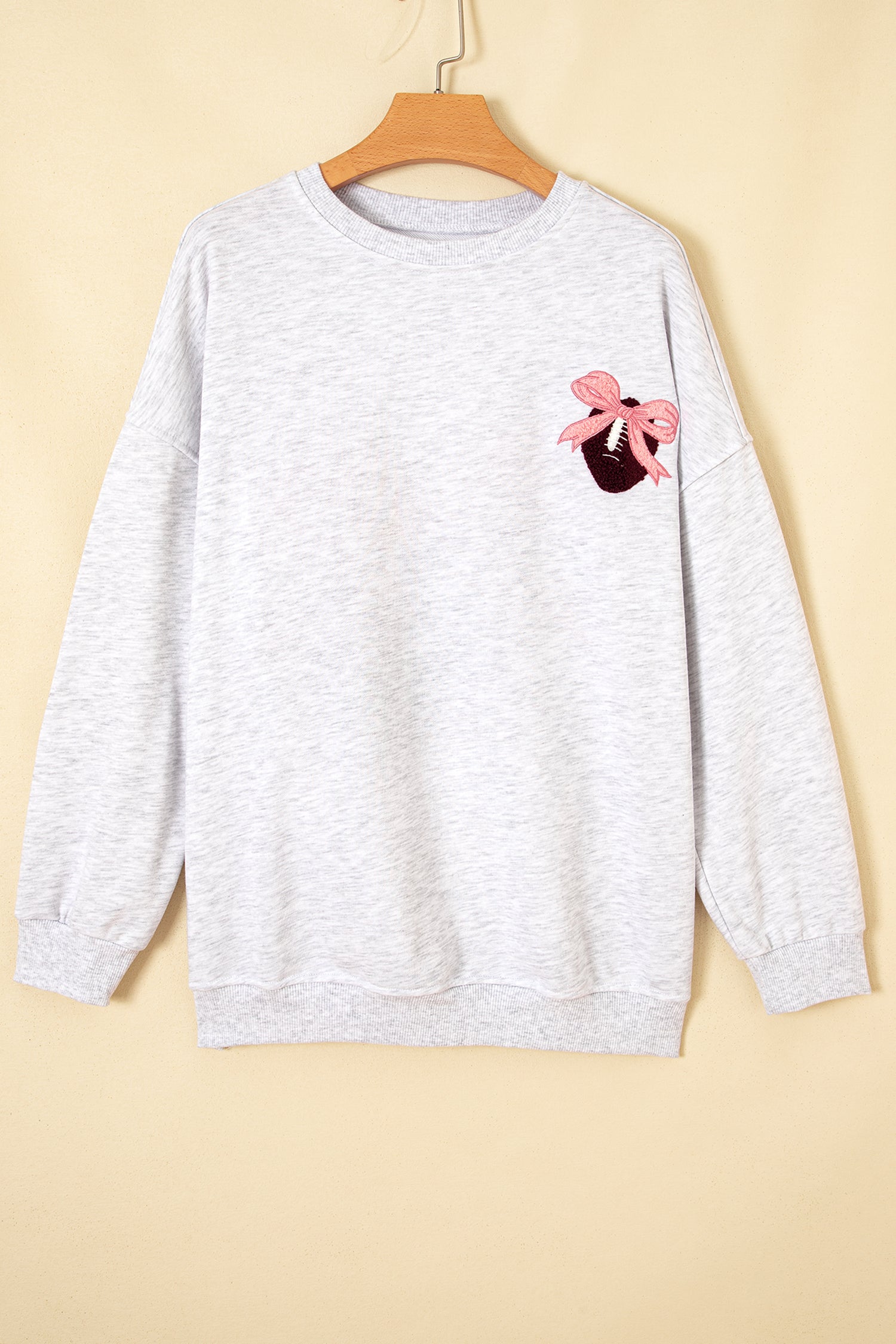 Embroidered Football Bow Back Long Sleeve Sweatshirt – Light Grey
