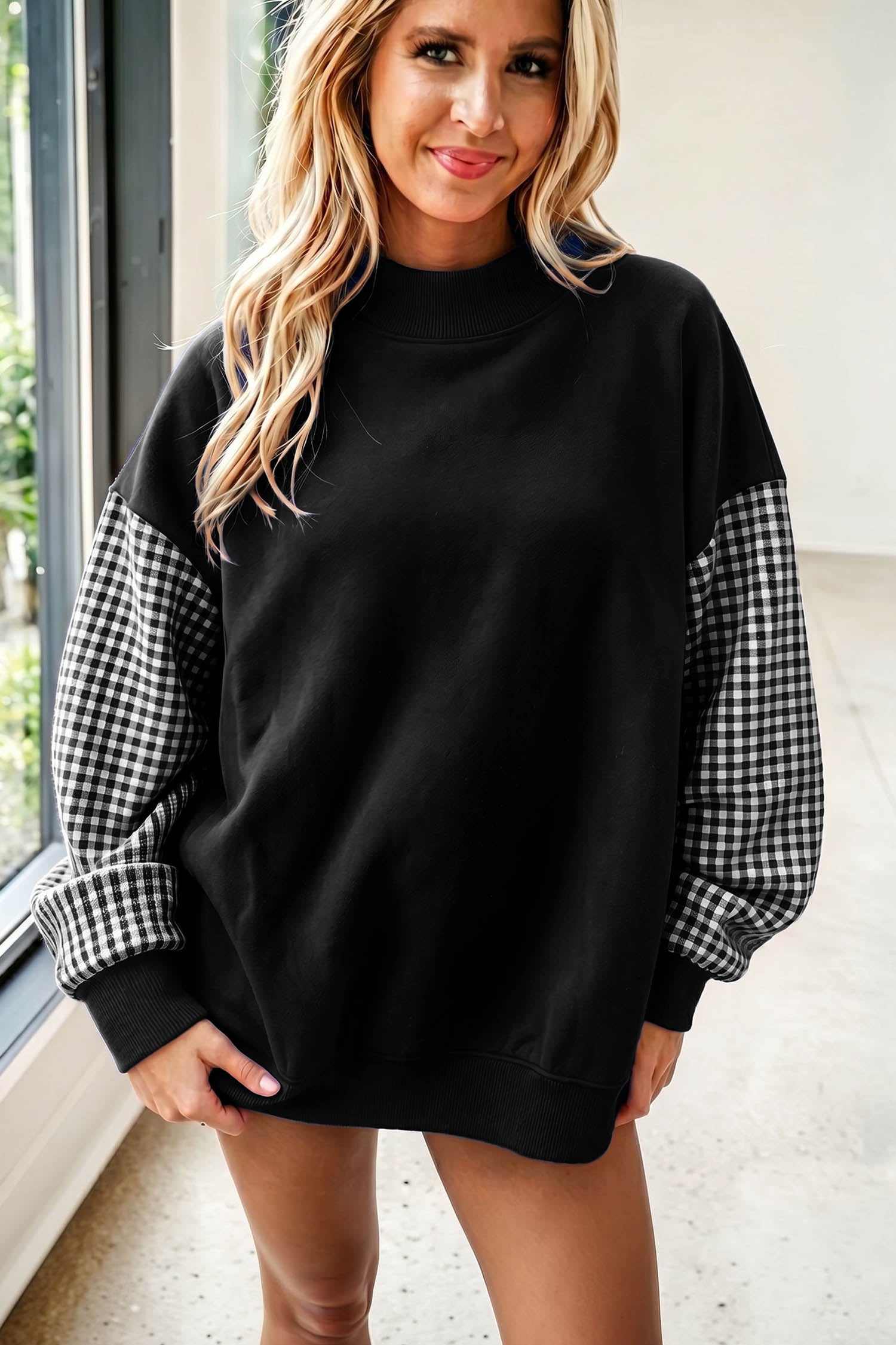 Plaid Sleeve Colorblock Loose Tunic Sweatshirt – Fiery Red