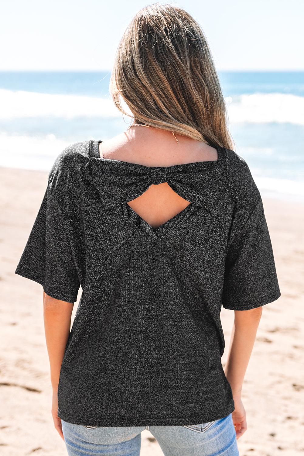 Black Bow Decor Glittery Short Sleeve Top eAura
