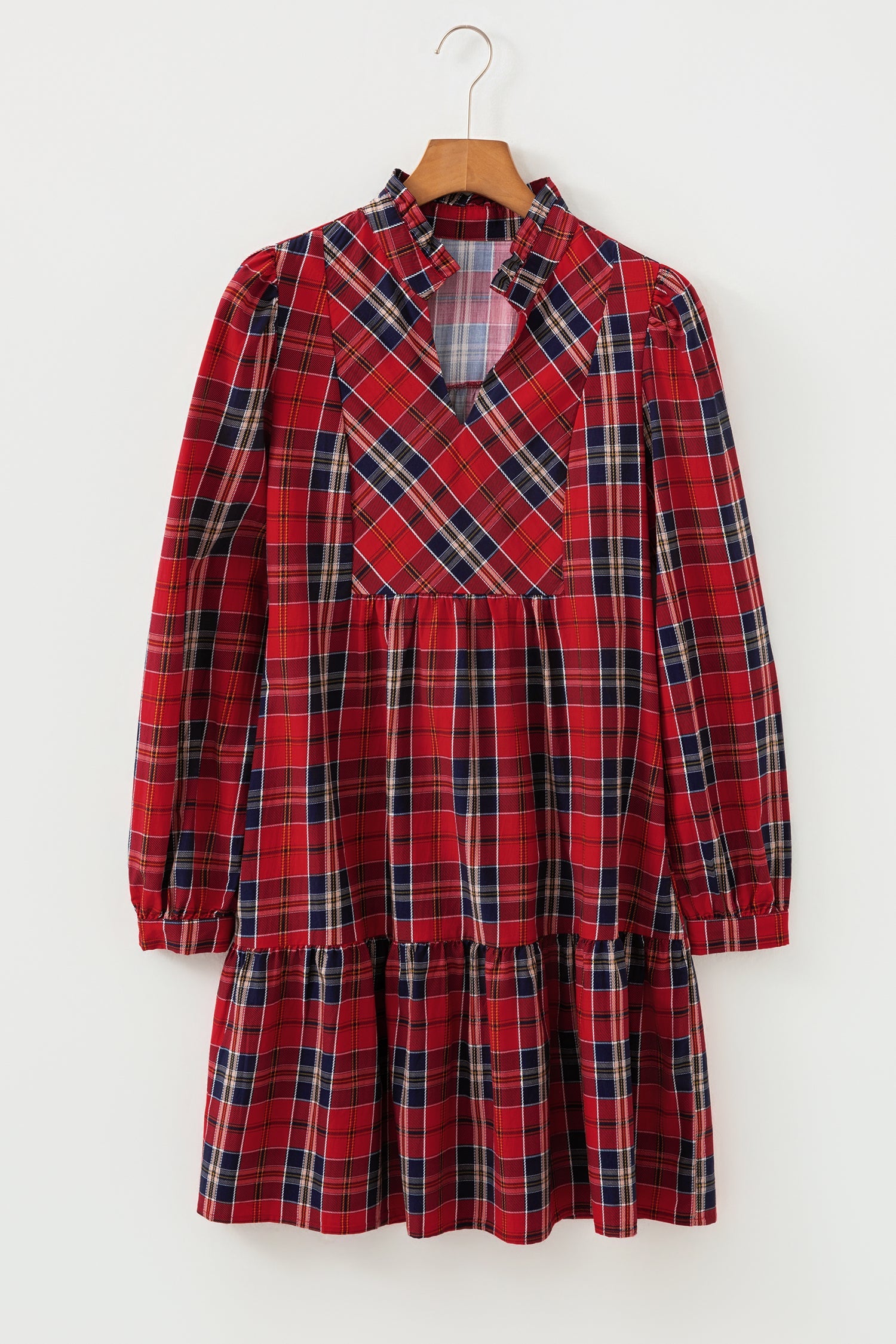 Plaid Print Frilly Collar Long Sleeve Shift Mini Dress - Dresses/Mini Dresses