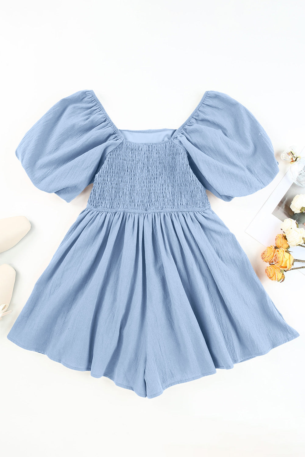 Square Neck Ruched Puff Sleeve Romper