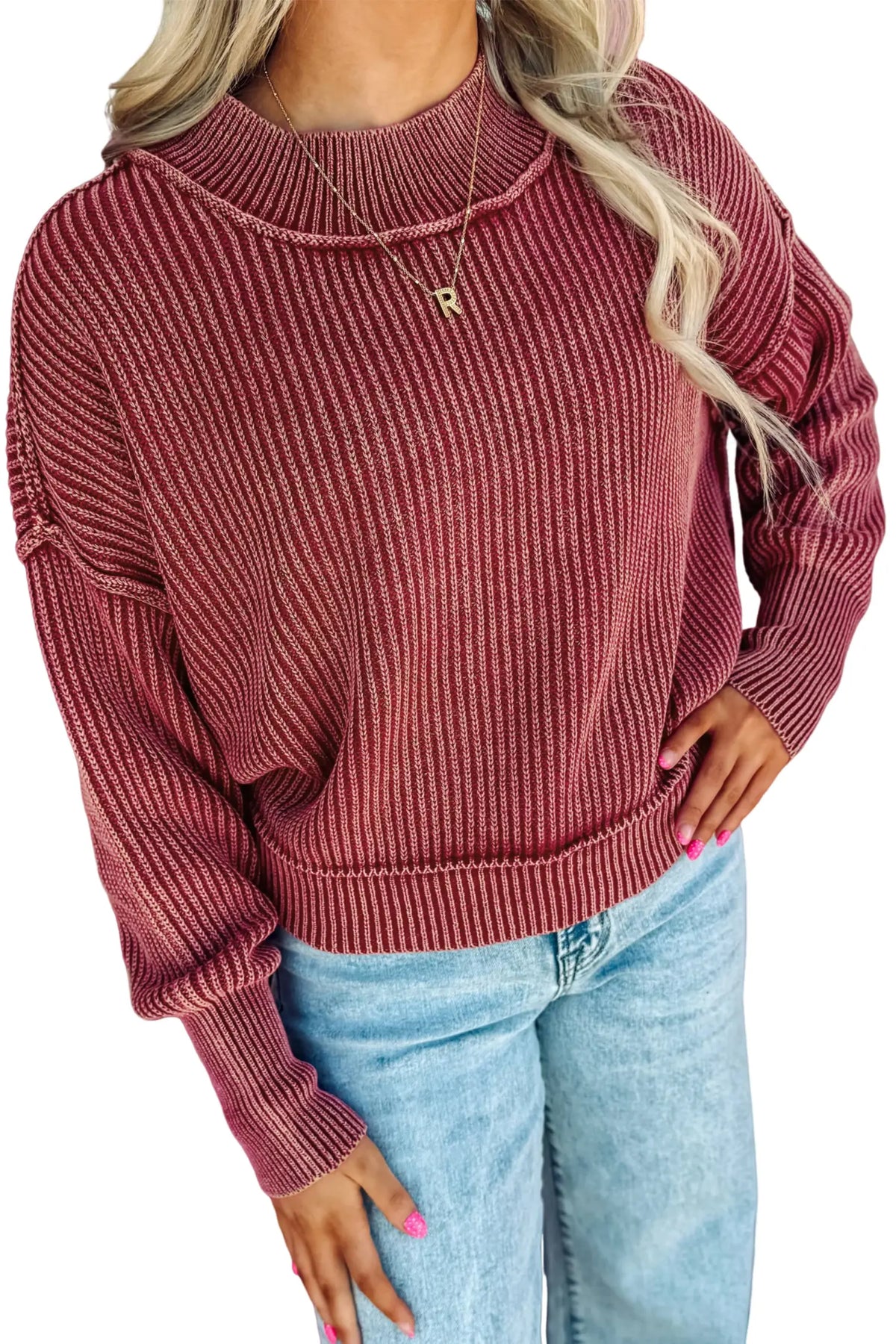 Red Dahlia Drop Shoulder High Neck Ribbed Sweater – Burgundy