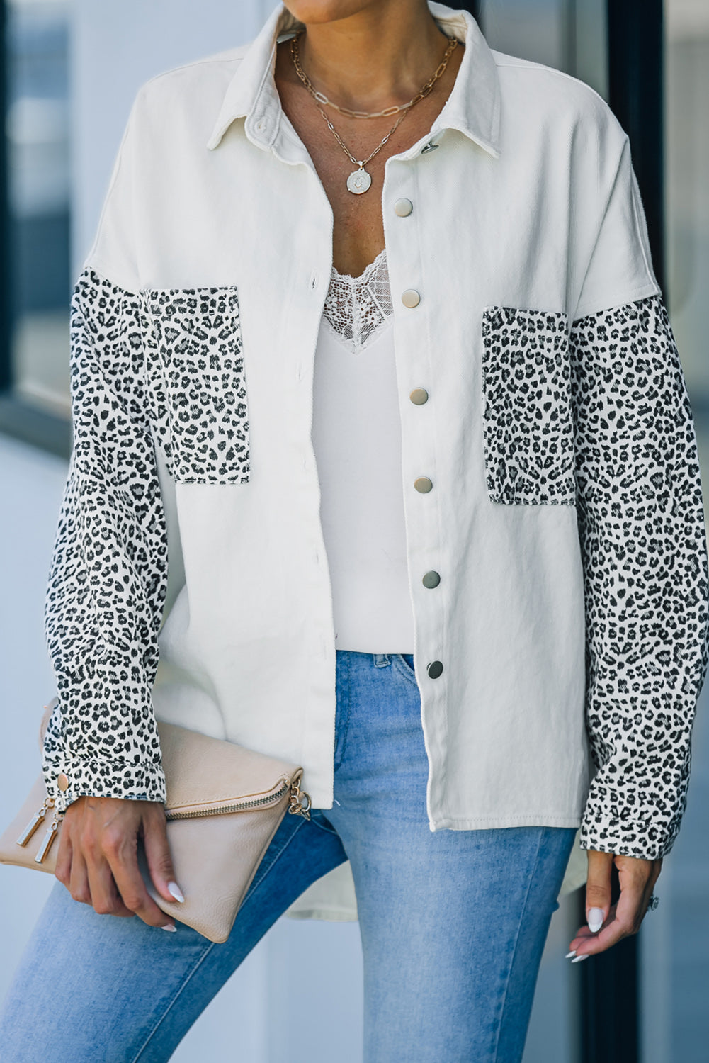 White Contrast Leopard Denim Jacket eAura