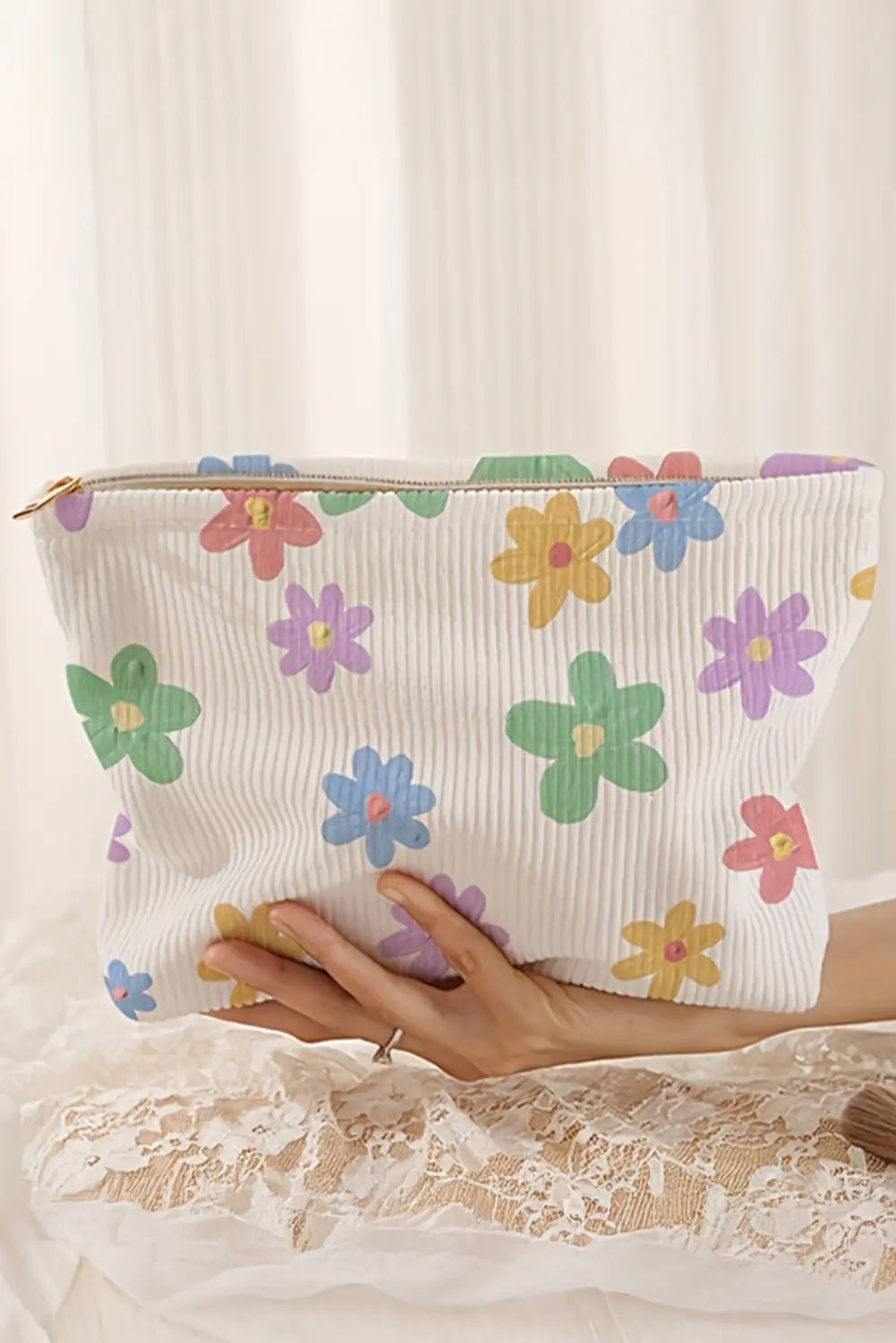 Flower Print Rib Textured Large Cosmetic Bag