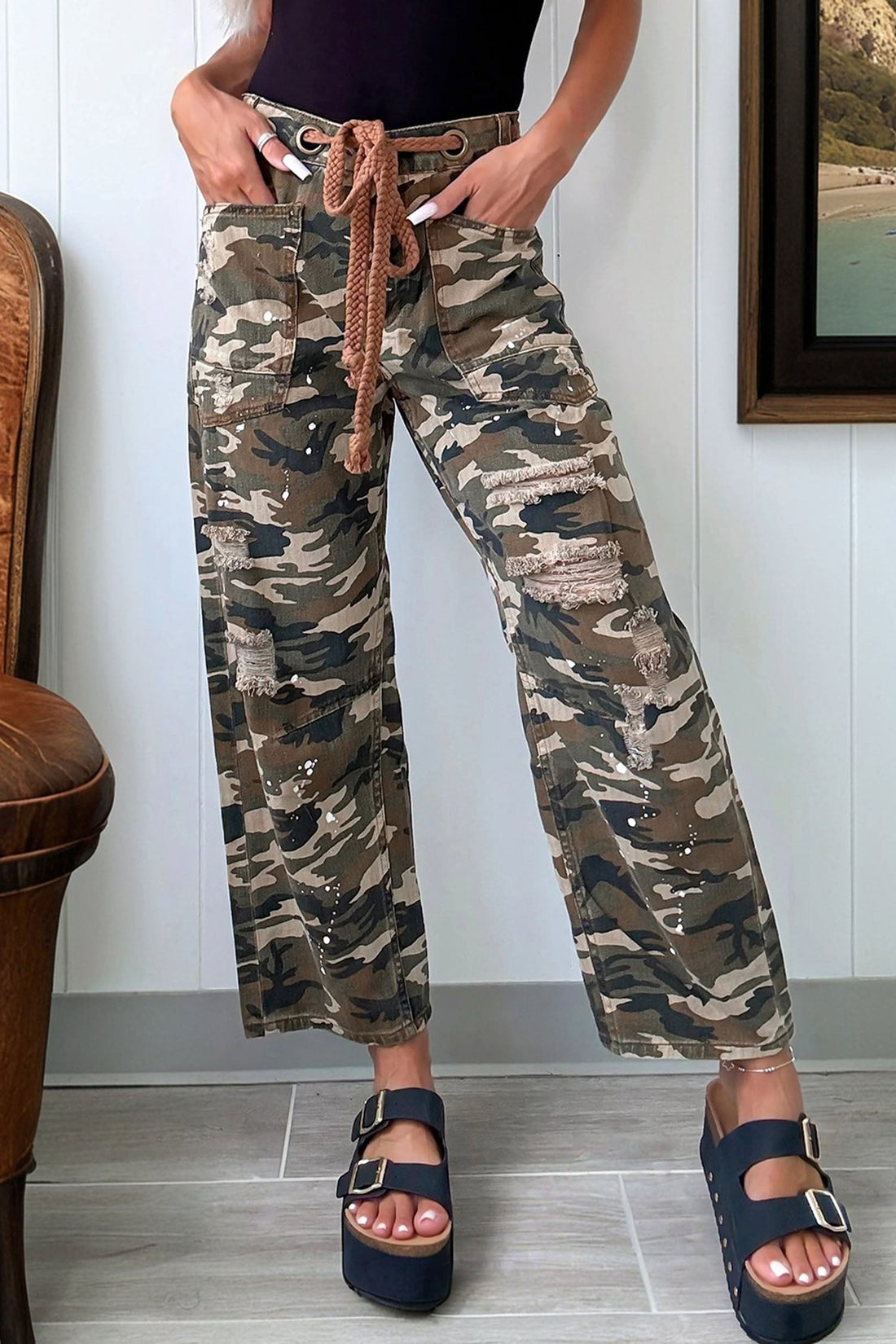 Camouflage Print Splashed Distressed Loose Denim Pants - eAura