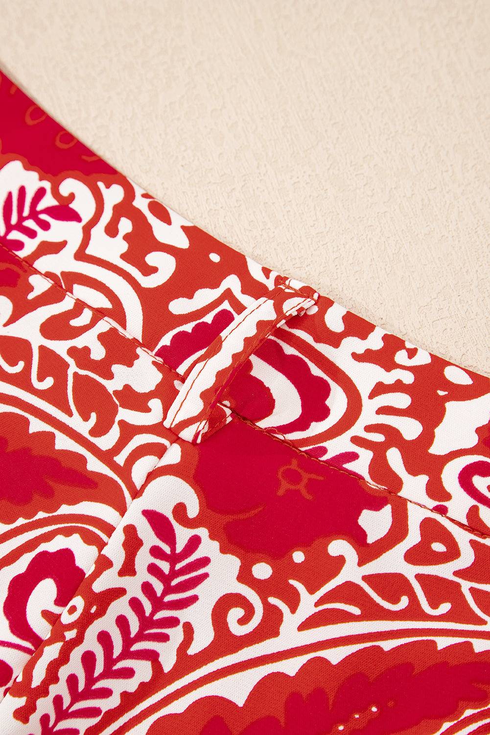 Red Paisley Printed Buttoned High Waist Straight Leg Trousers eAura