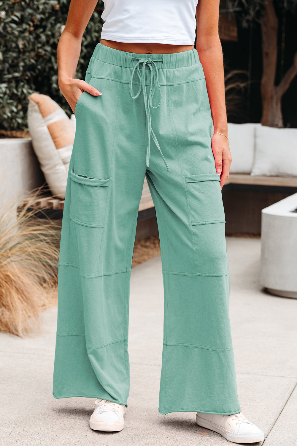 Mineral Wash Exposed Seam Drawstring High Waist Wide Leg Cargo Trousers - eAura